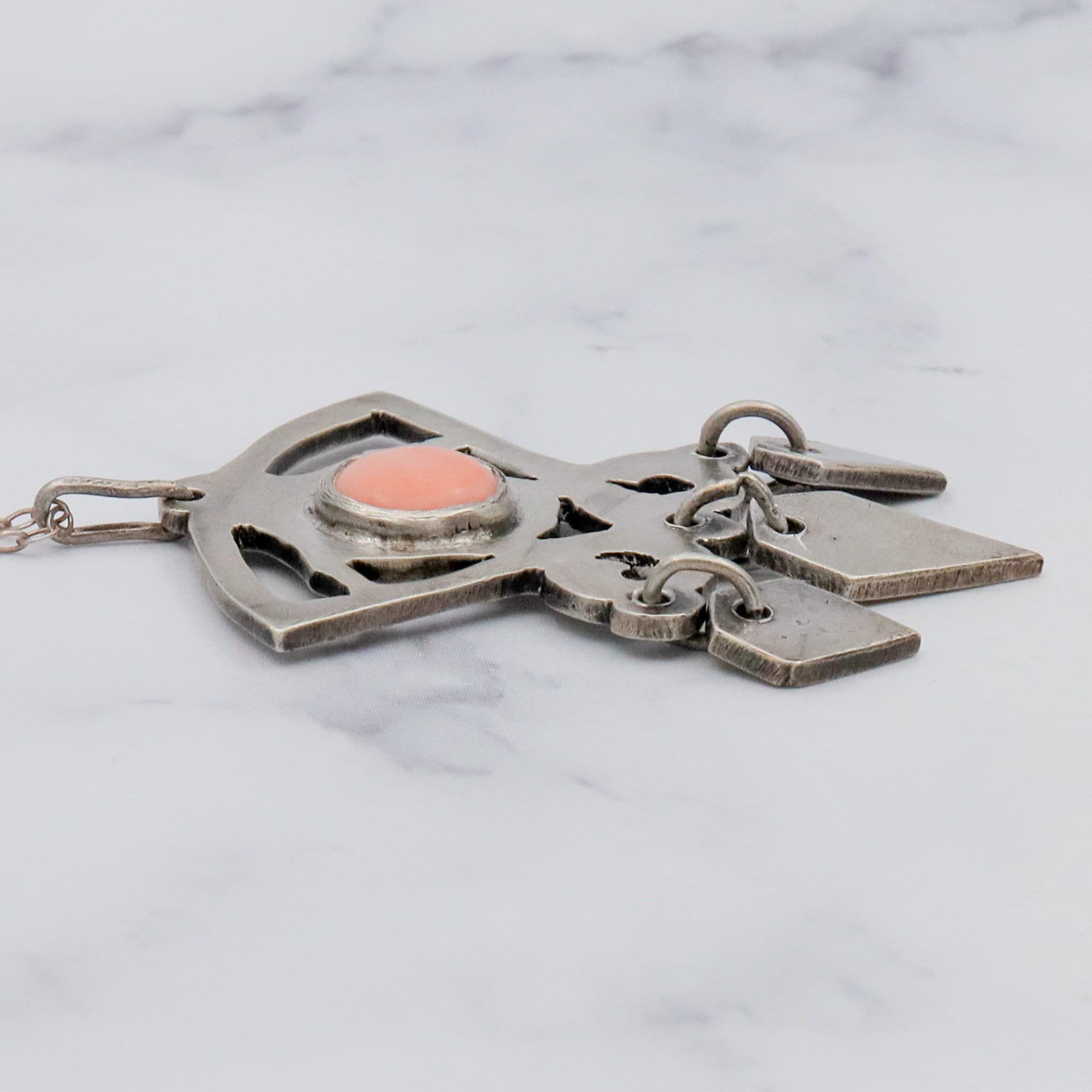 Antique Art Deco handmade sterling & pink coral pendant on a curb link necklace chain, 19”