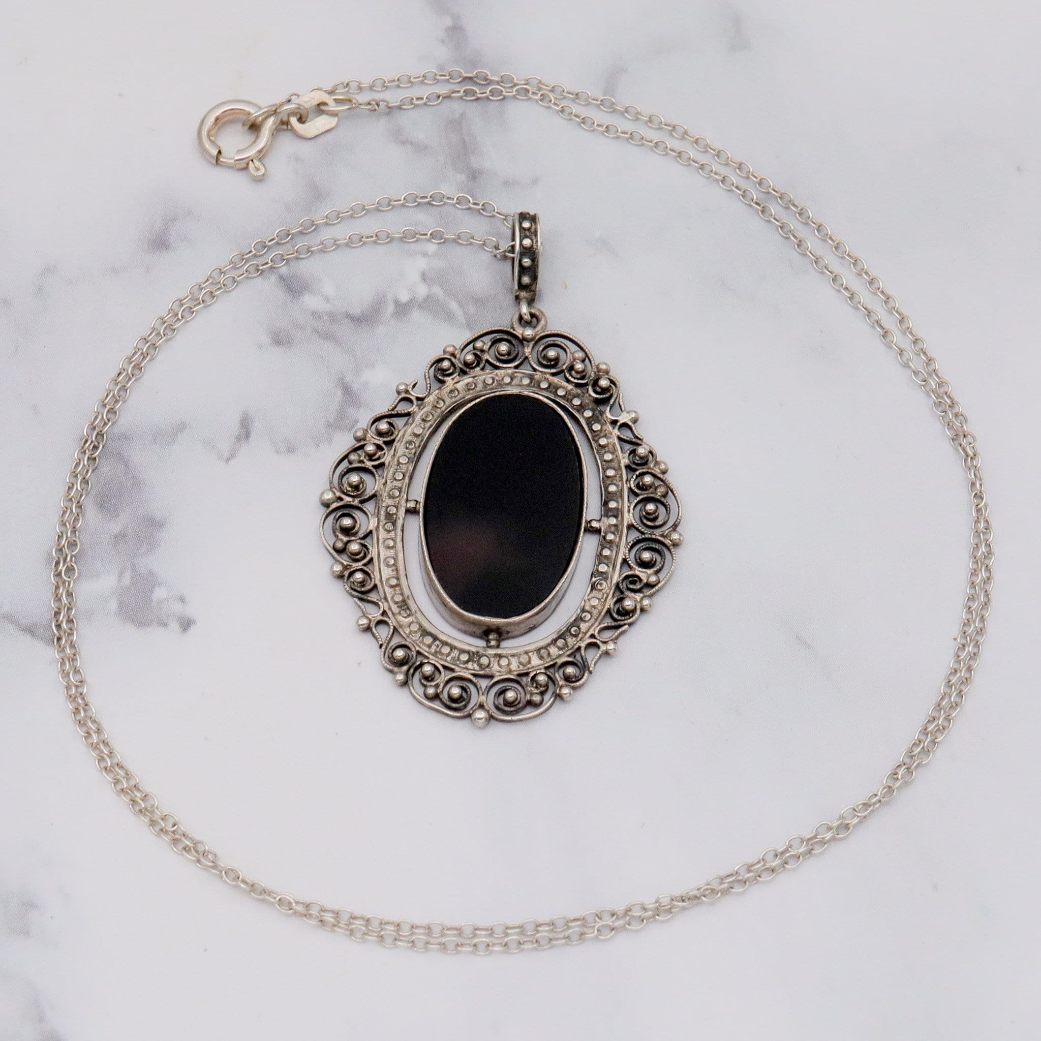 Antique Victorian fine silver filigree & faux tortoiseshell pendant on a 19” curb link necklace chain