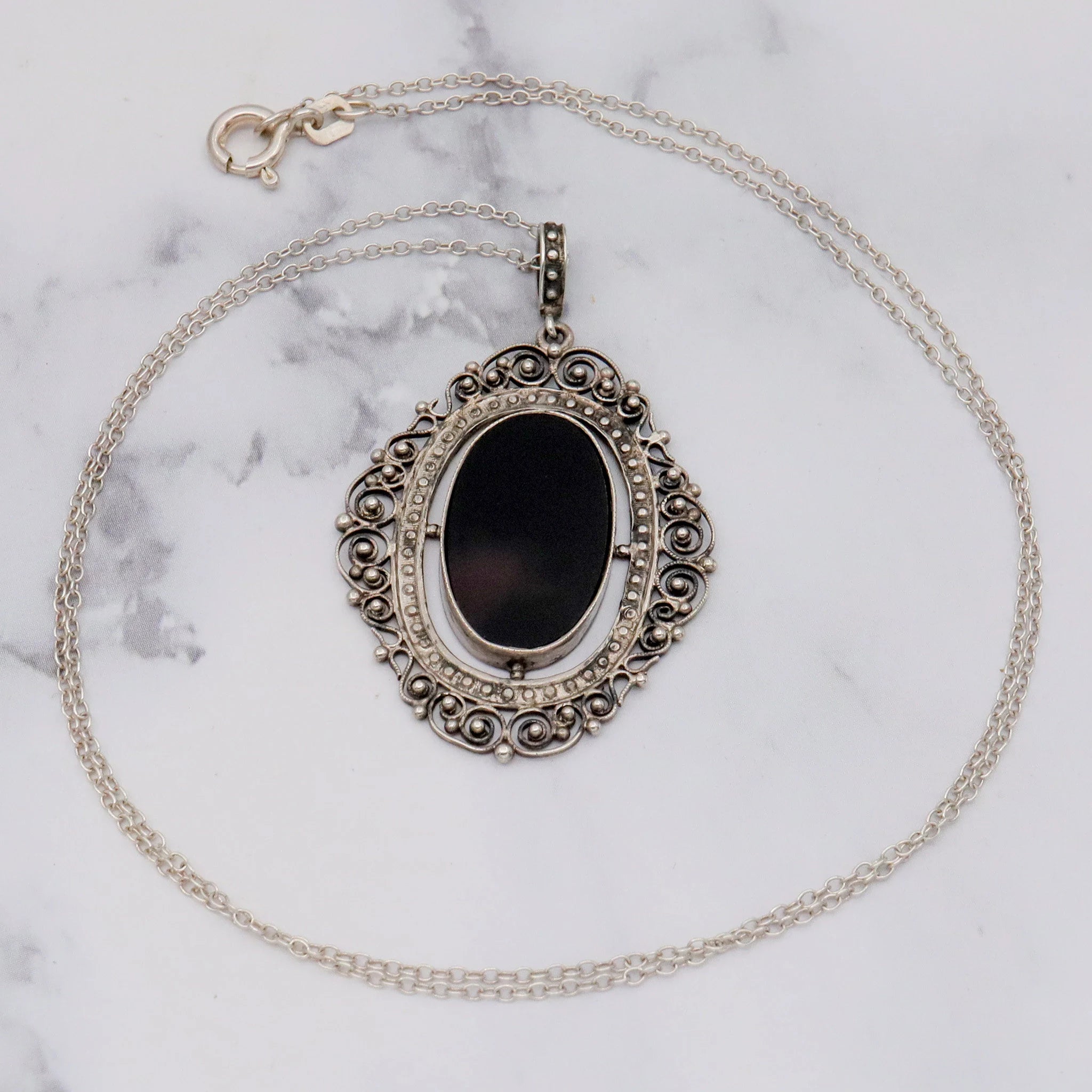 Antique Victorian fine silver filigree & faux tortoiseshell pendant on a 19” curb link necklace chain