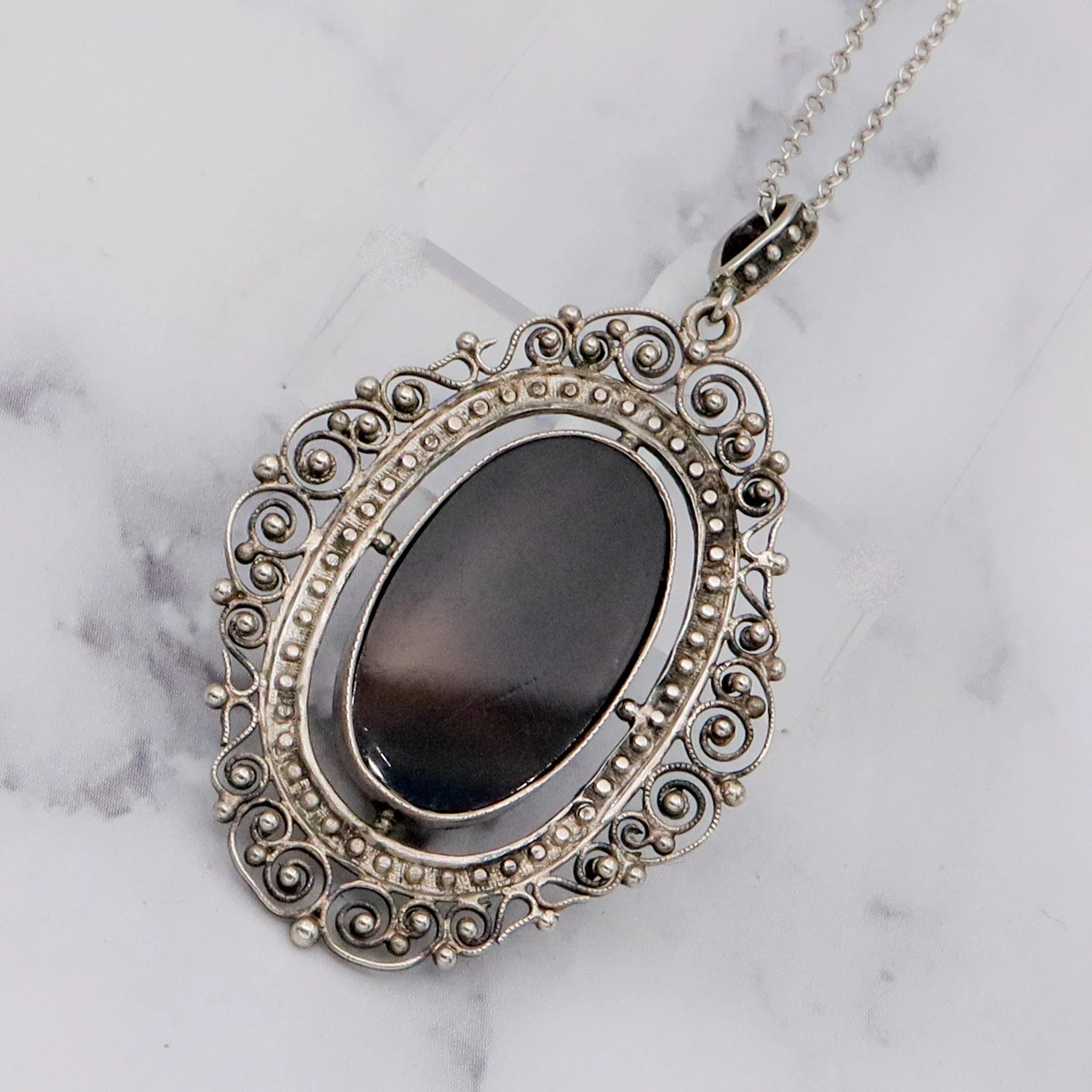 Antique Victorian fine silver filigree & faux tortoiseshell pendant on a 19” curb link necklace chain