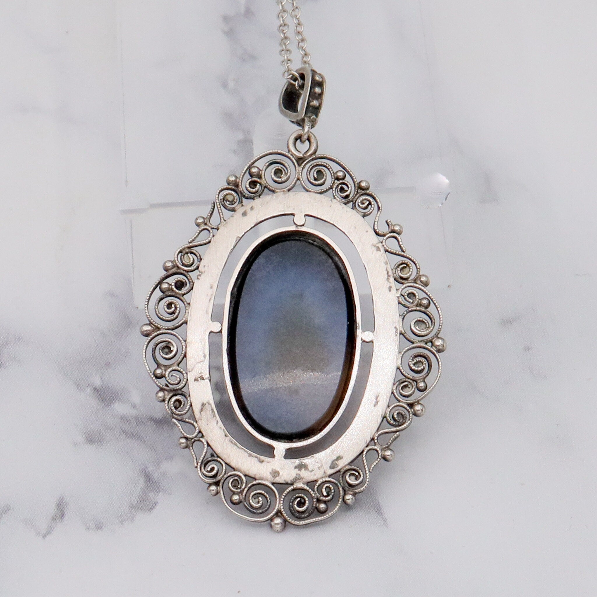 Antique Victorian fine silver filigree & faux tortoiseshell pendant on a 19” curb link necklace chain