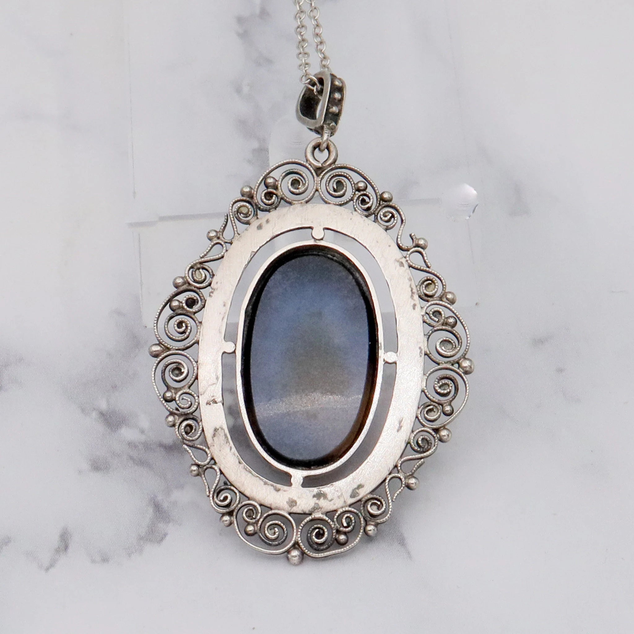 Antique Victorian fine silver filigree & faux tortoiseshell pendant on a 19” curb link necklace chain