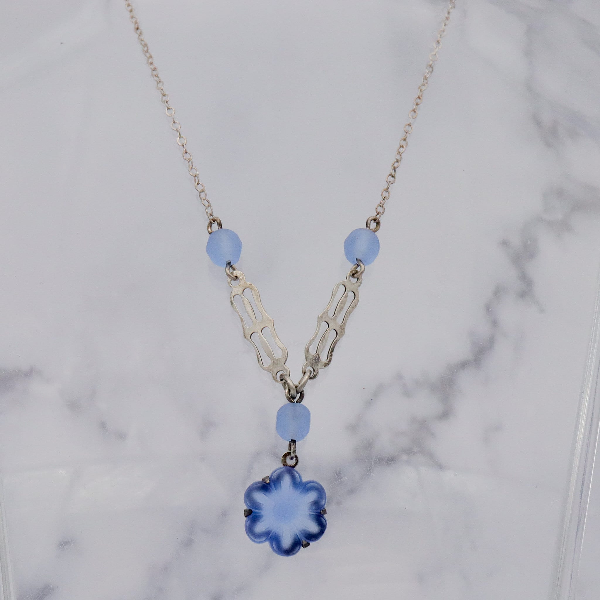 Antique Art Deco sterling silver & frosted molded glass child’s necklace and bracelet set