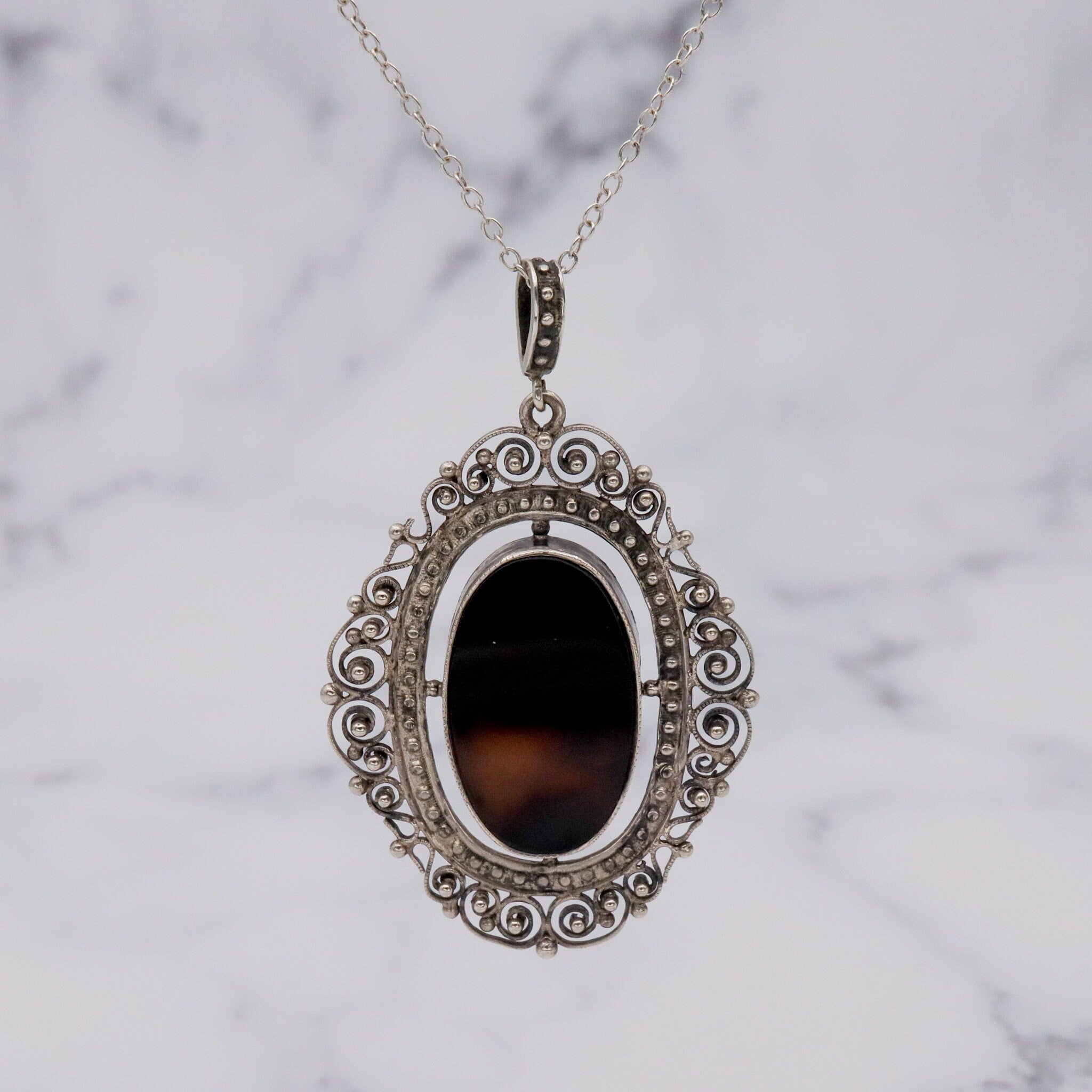 Antique Victorian fine silver filigree & faux tortoiseshell pendant on a 19” curb link necklace chain