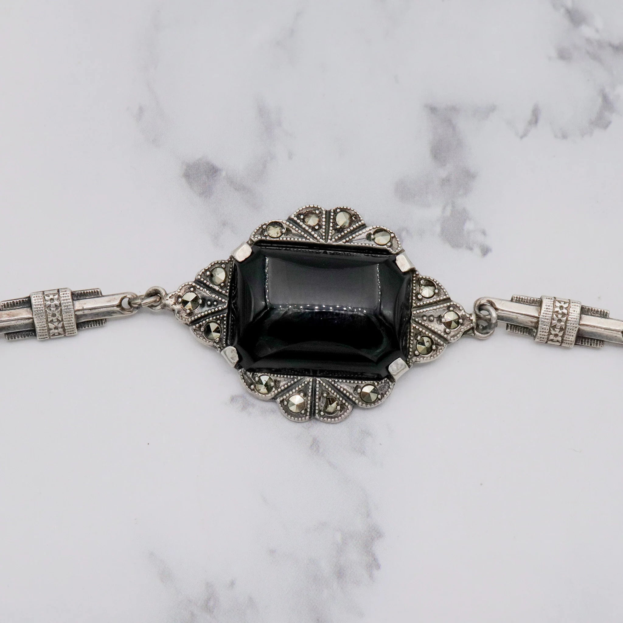 Antique Art Deco sterling, onyx & marcasite bracelet