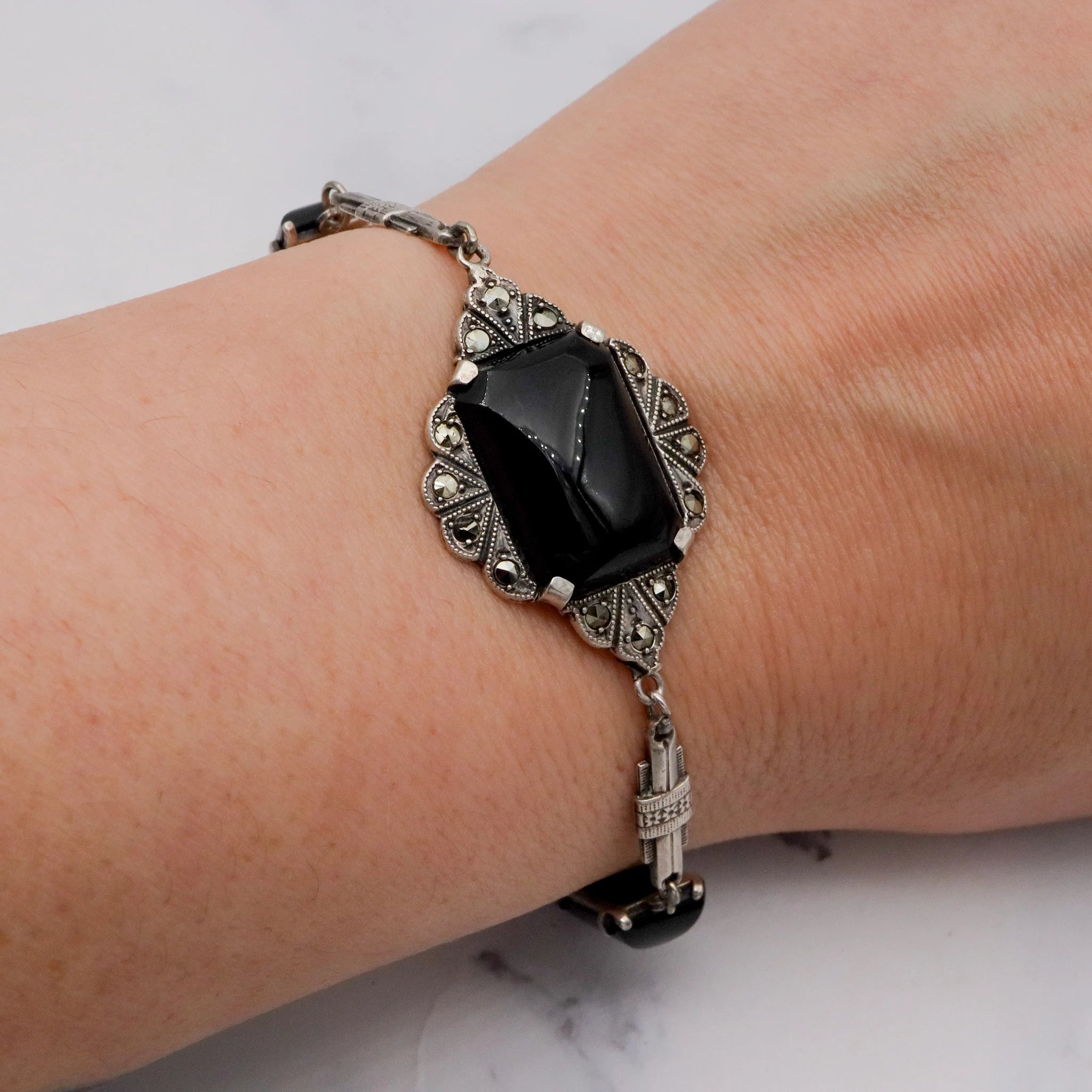 Antique Art Deco sterling, onyx & marcasite bracelet