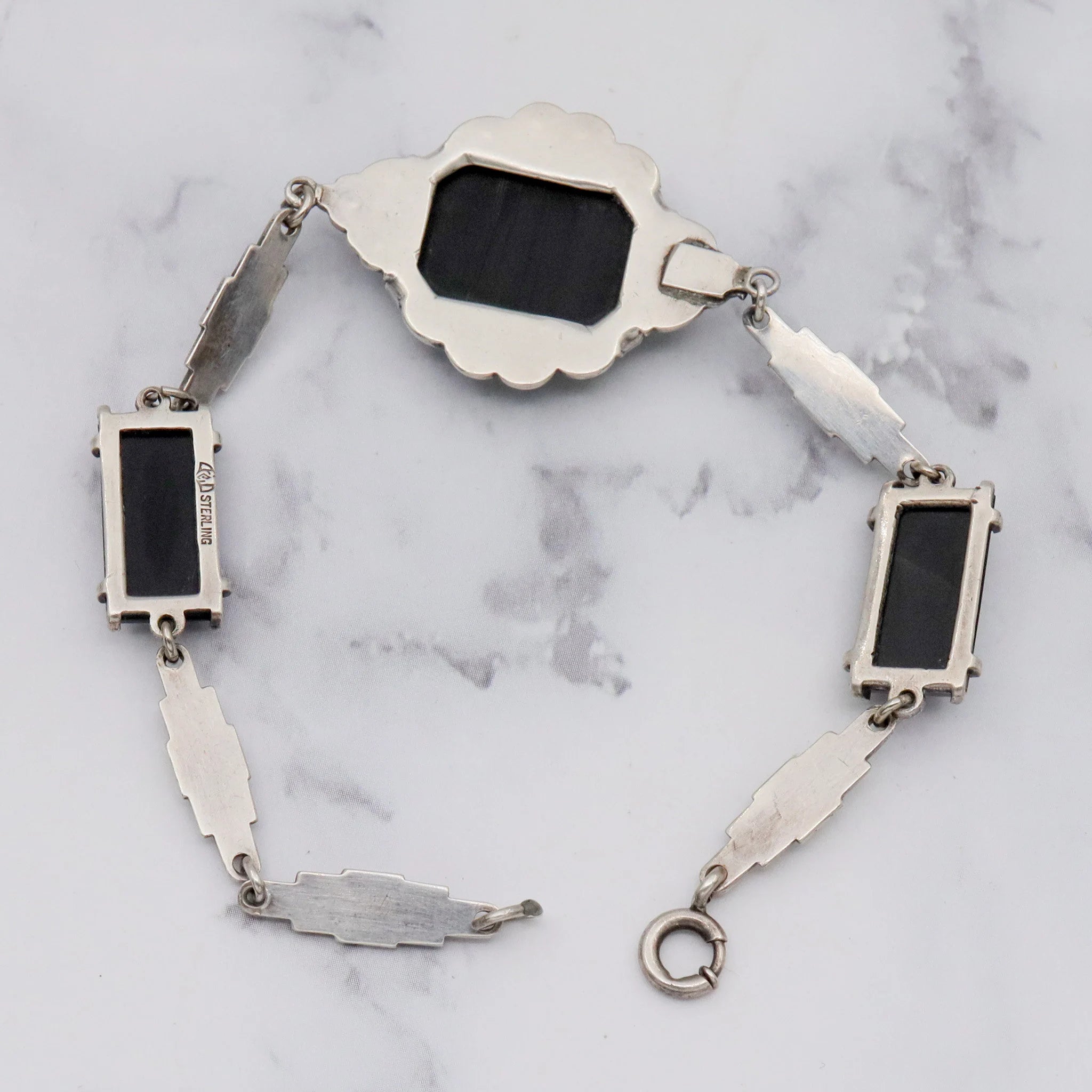 Antique Art Deco sterling, onyx & marcasite bracelet