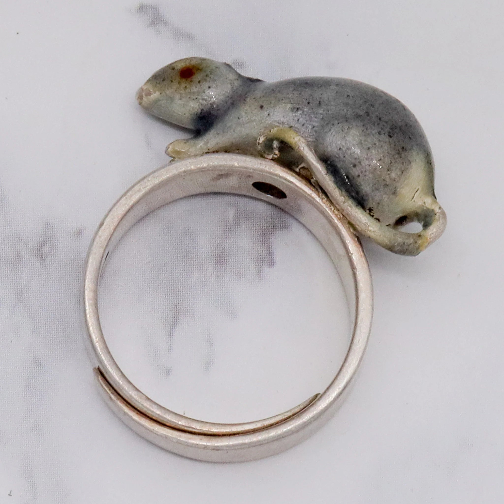 Antique Chinese sterling handmade enameled figural rat ring, adj. sz 8