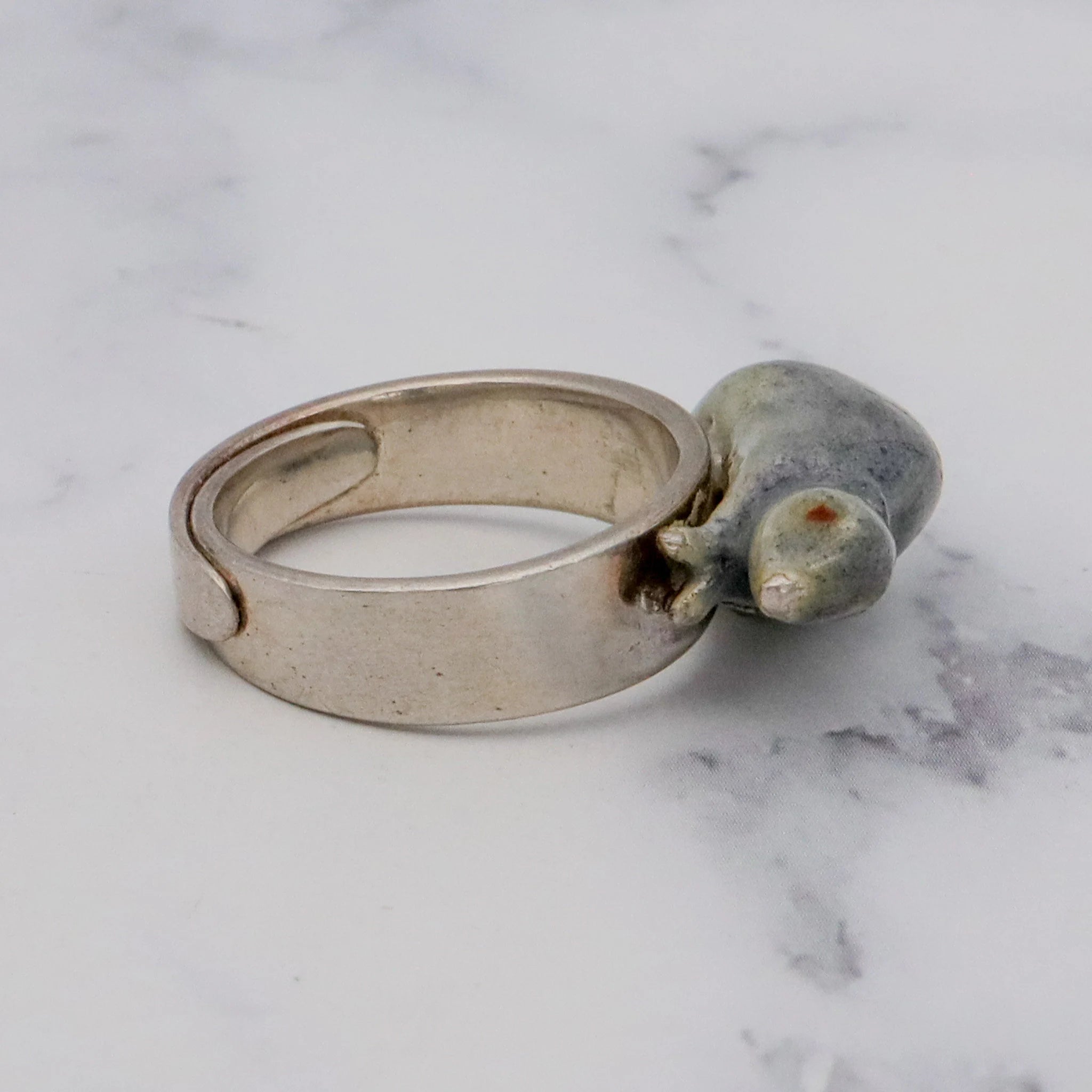 Antique Chinese sterling handmade enameled figural rat ring, adj. sz 8