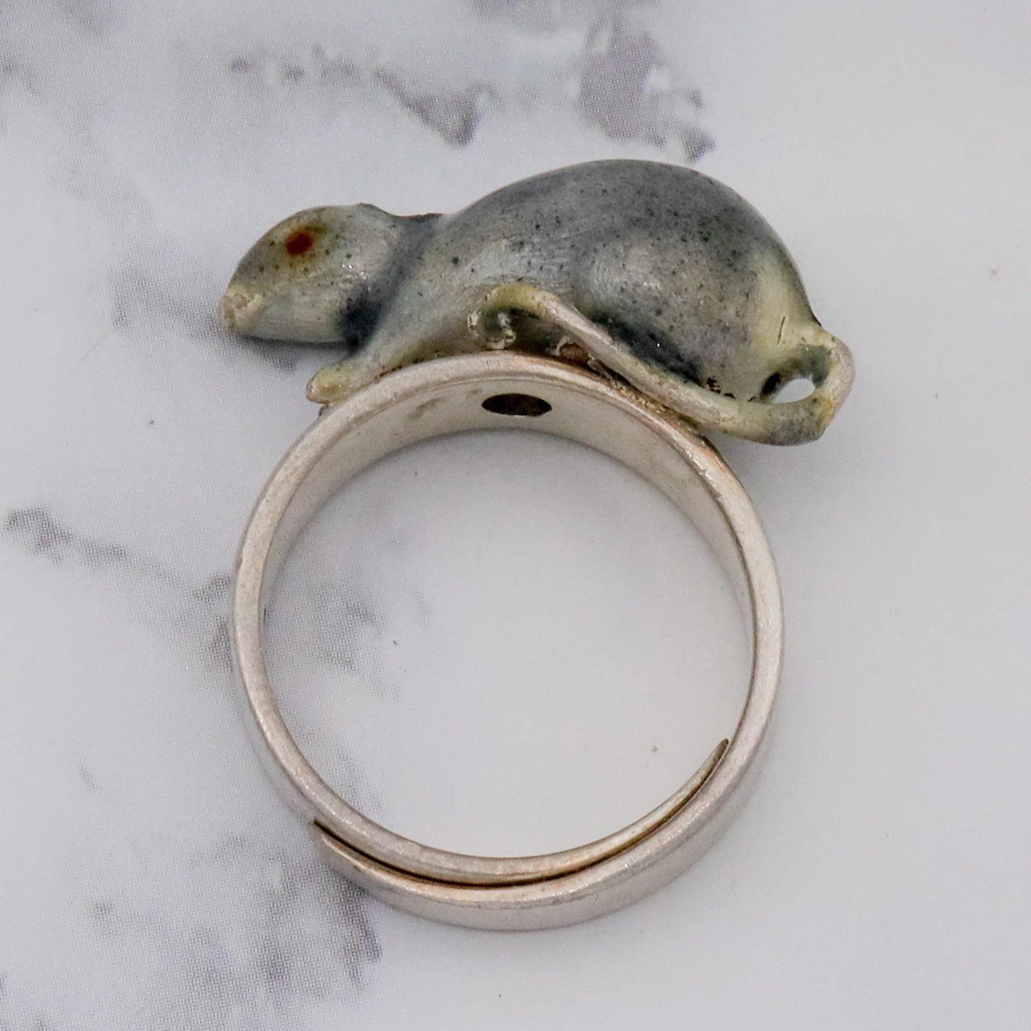 Antique Chinese sterling handmade enameled figural rat ring, adj. sz 8