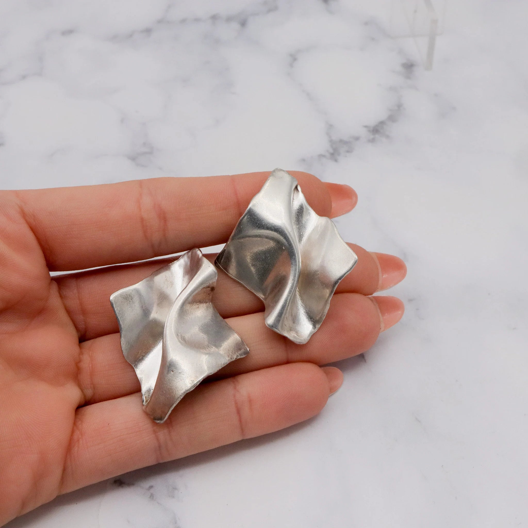 Vintage Modernist handmade sterling trompe l'oeil earrings with 14k gold posts