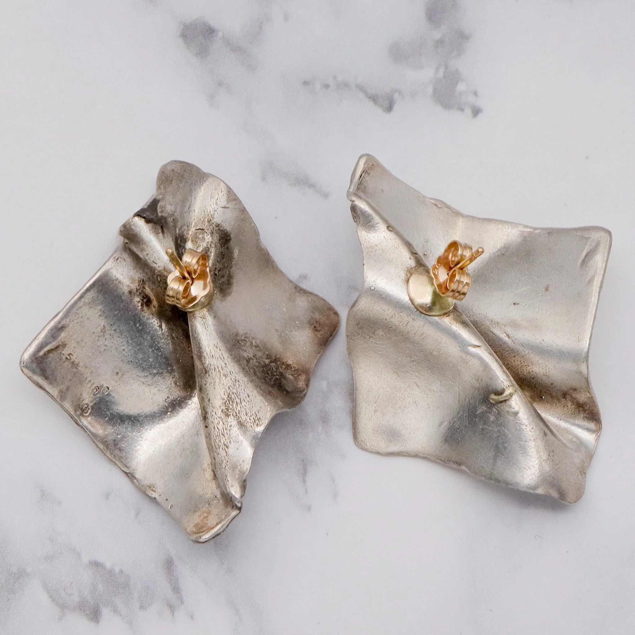 Vintage Modernist handmade sterling trompe l'oeil earrings with 14k gold posts