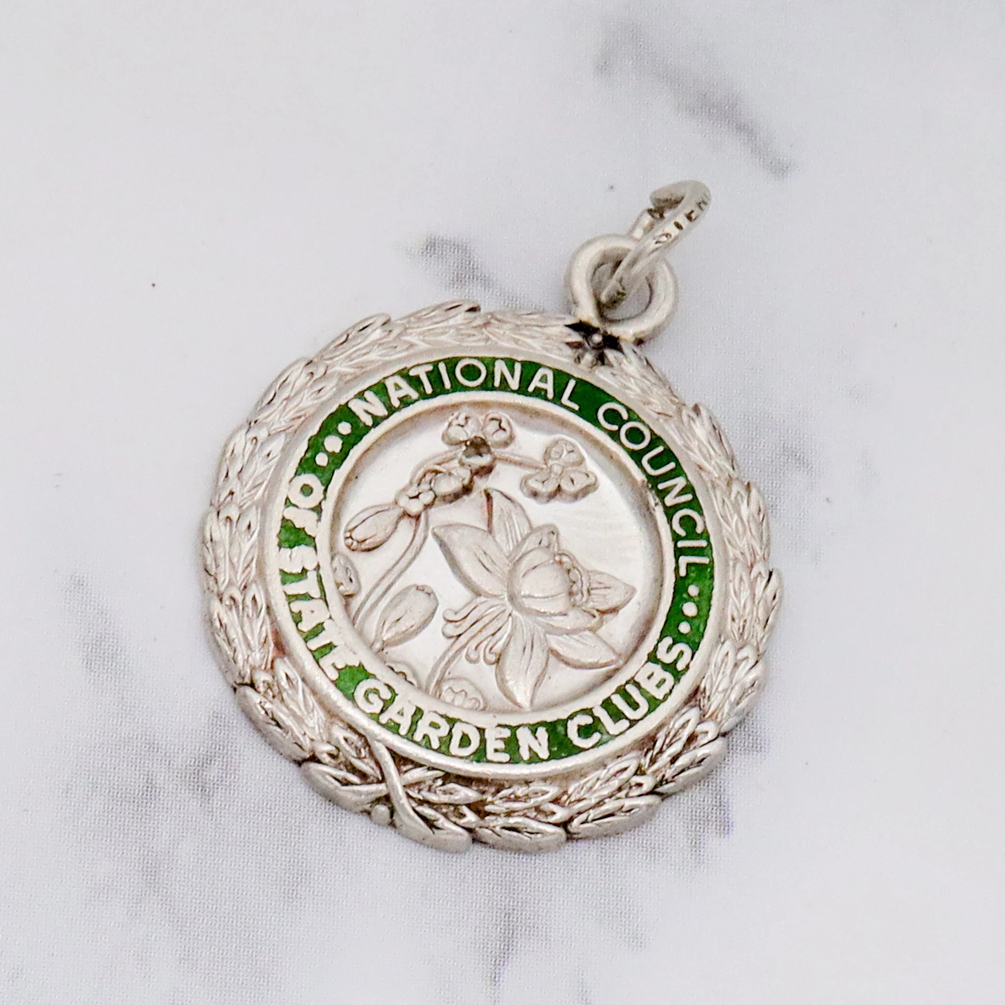 Antique sterling enamel "National Council of State Garden Clubs" medallion pendant