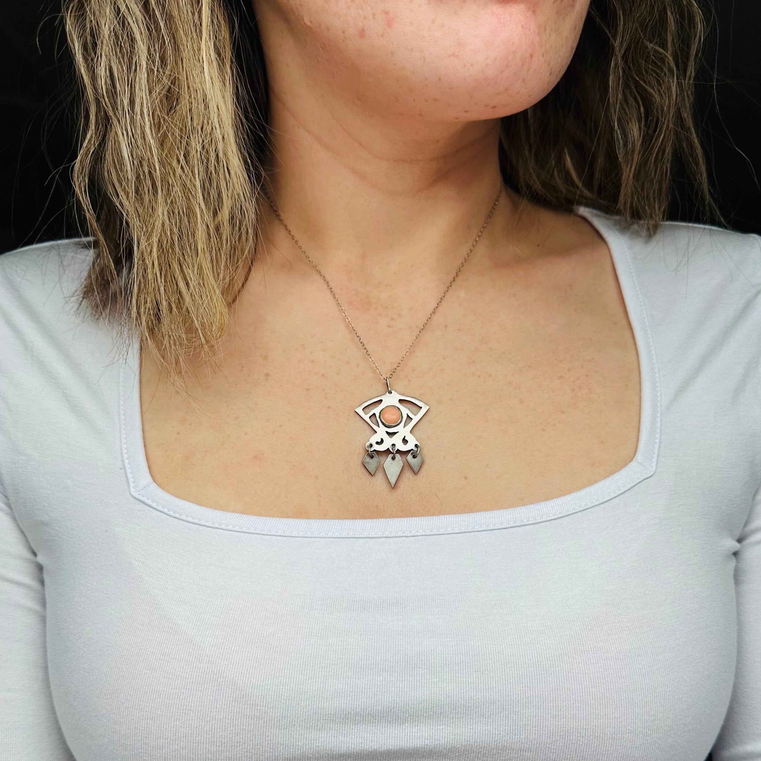 Antique Art Deco handmade sterling & pink coral pendant on a curb link necklace chain, 19”