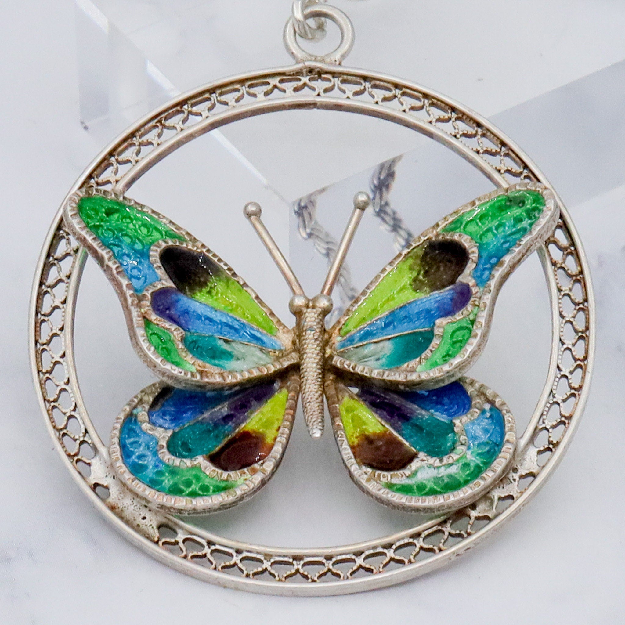 Large Italian .800 silver filigree plique a jour enamel butterfly pendant on 2mm rope chain, 24”