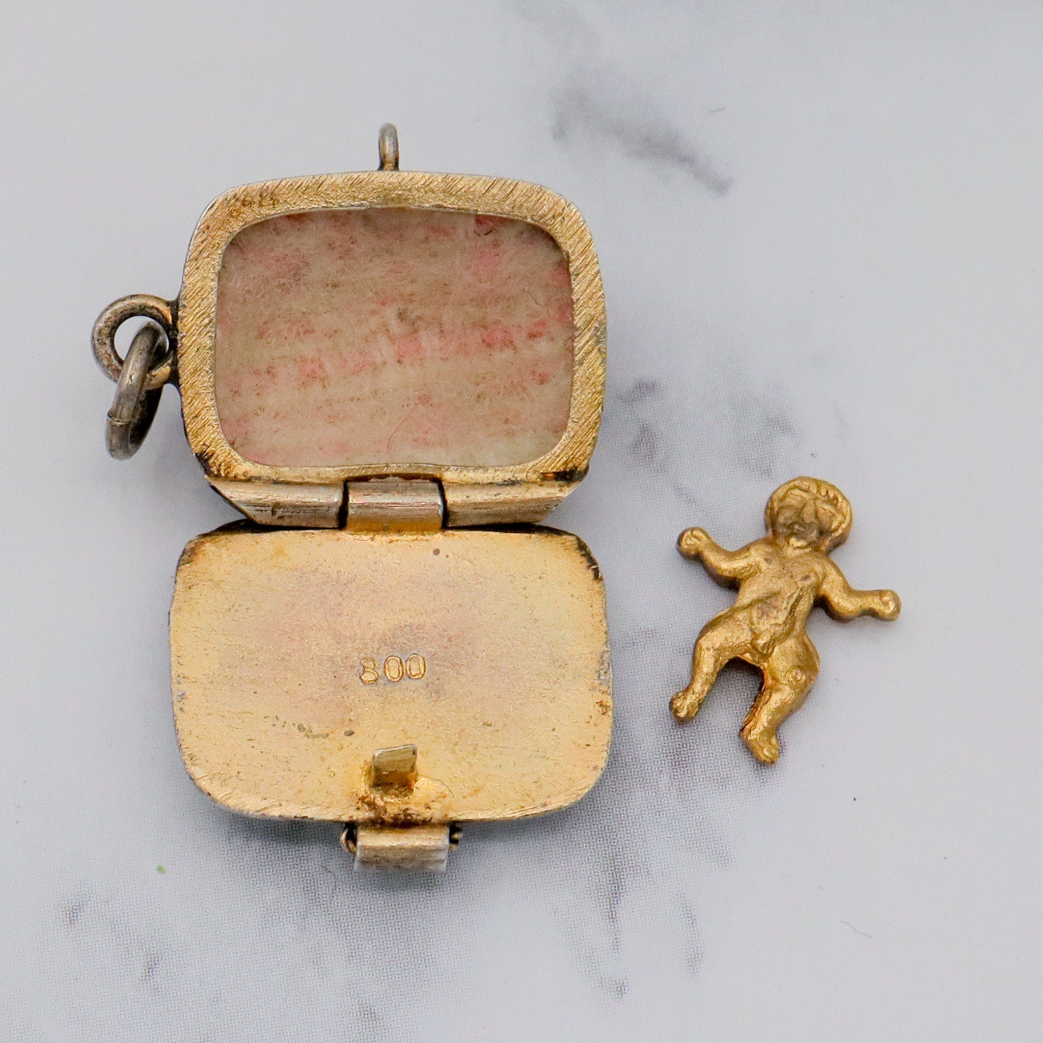 Large Antique gilt .800 silver enamel Egyptian Baby Moses basket charm