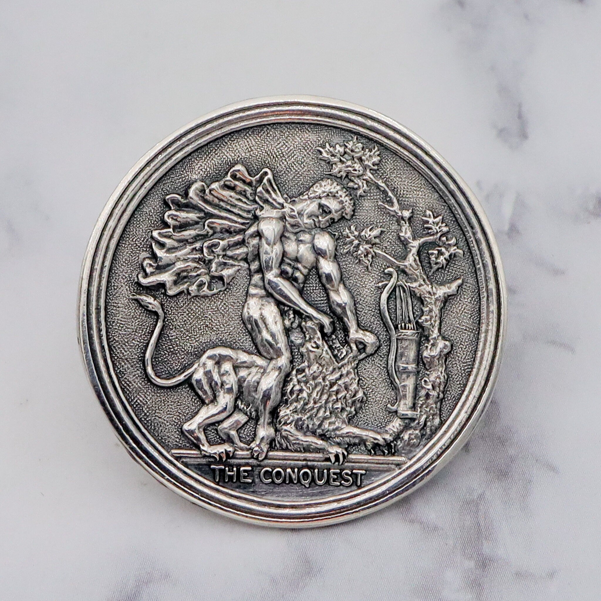 Vintage sterling “The Conquest” Assyrian lion hunting medallion cufflinks