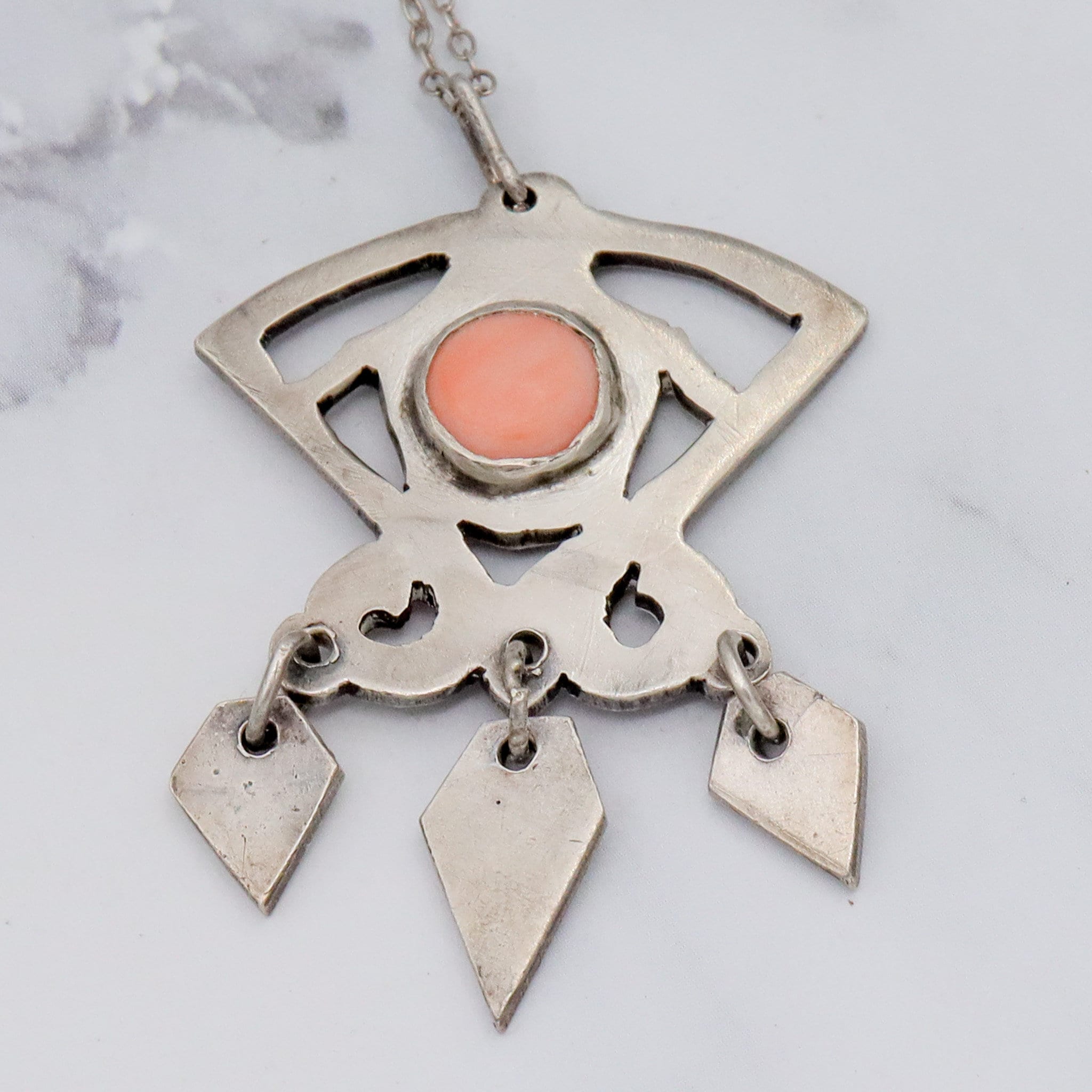 Antique Art Deco handmade sterling & pink coral pendant on a curb link necklace chain, 19”
