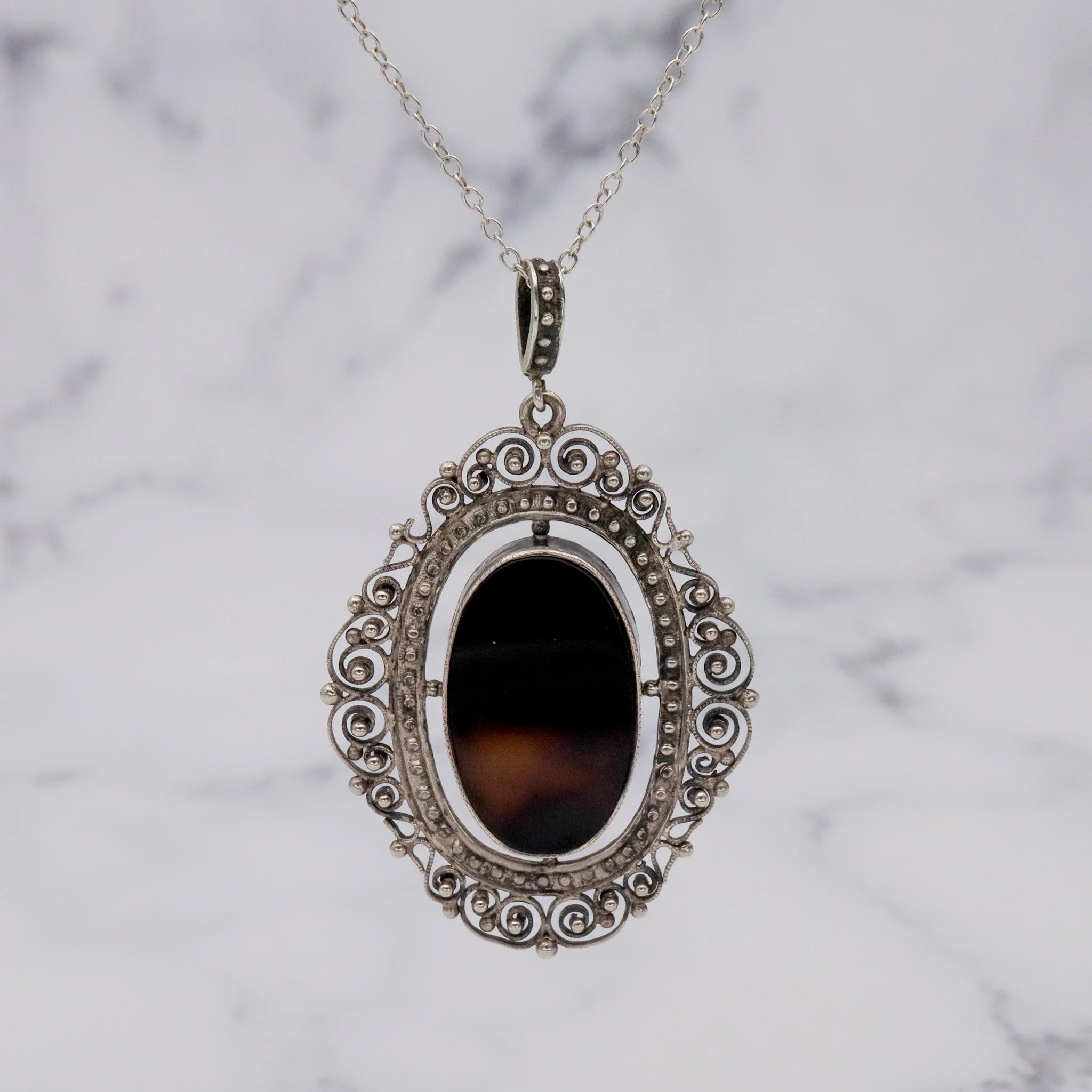 Antique Victorian fine silver filigree & faux tortoiseshell pendant on a 19” curb link necklace chain