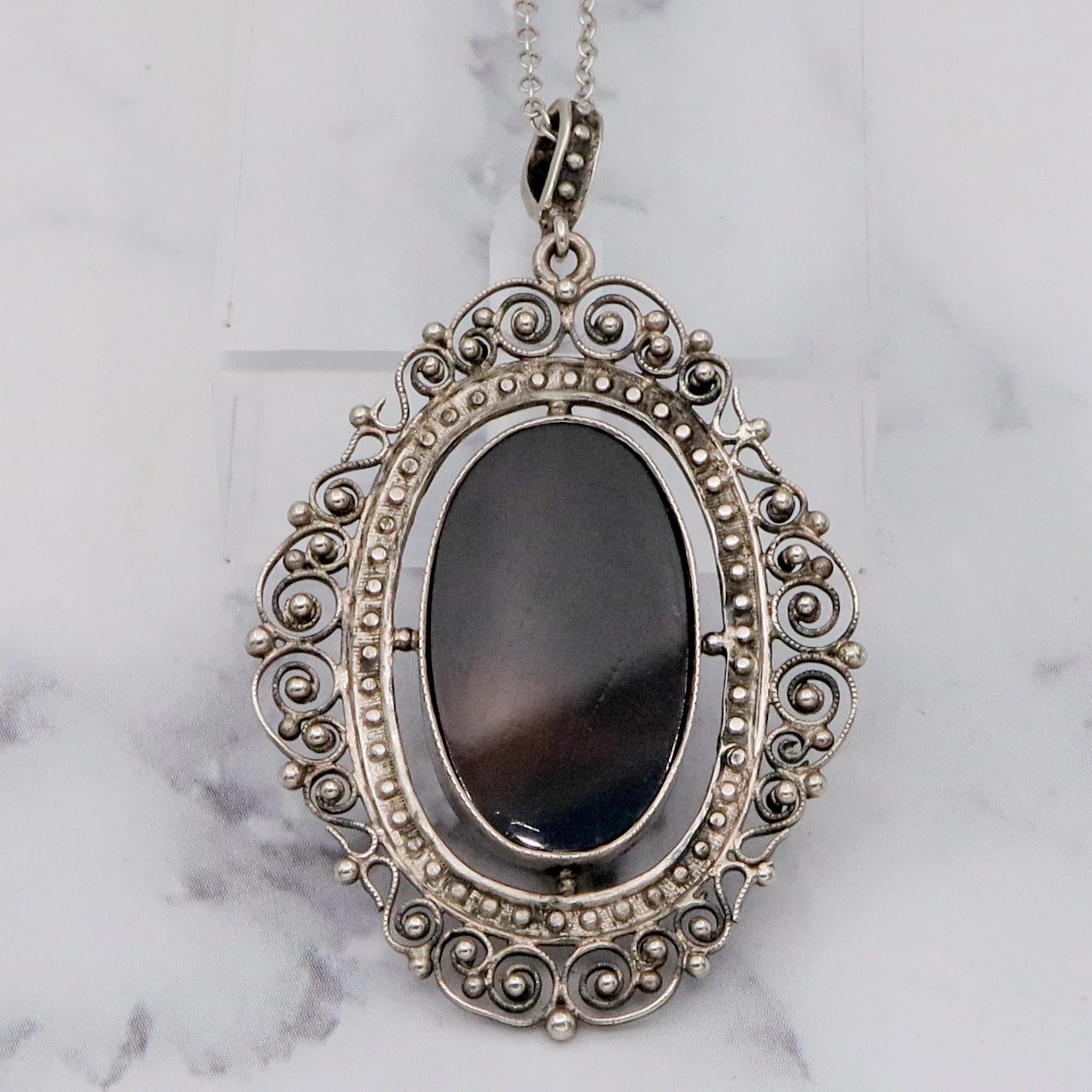 Antique Victorian fine silver filigree & faux tortoiseshell pendant on a 19” curb link necklace chain