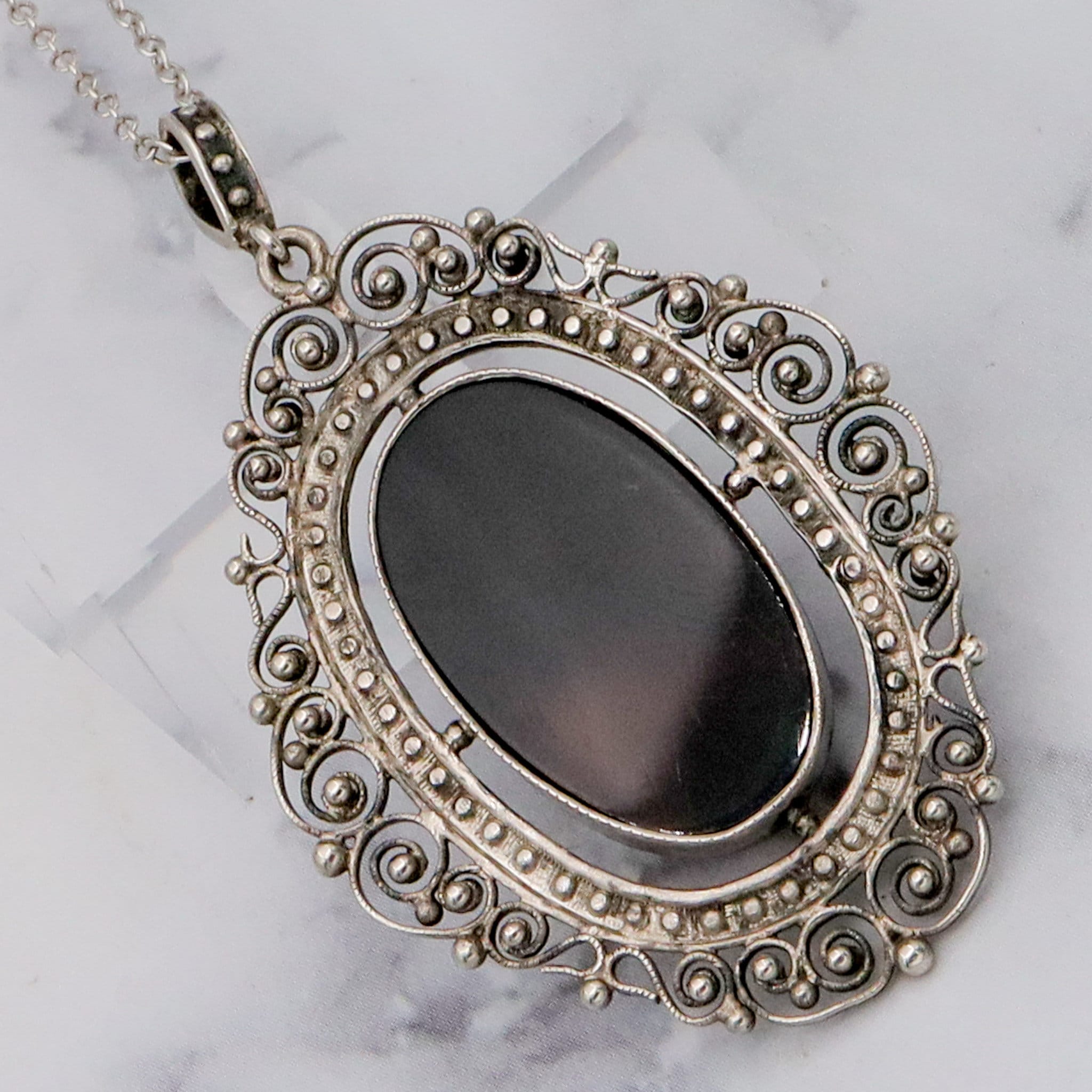 Antique Victorian fine silver filigree & faux tortoiseshell pendant on a 19” curb link necklace chain