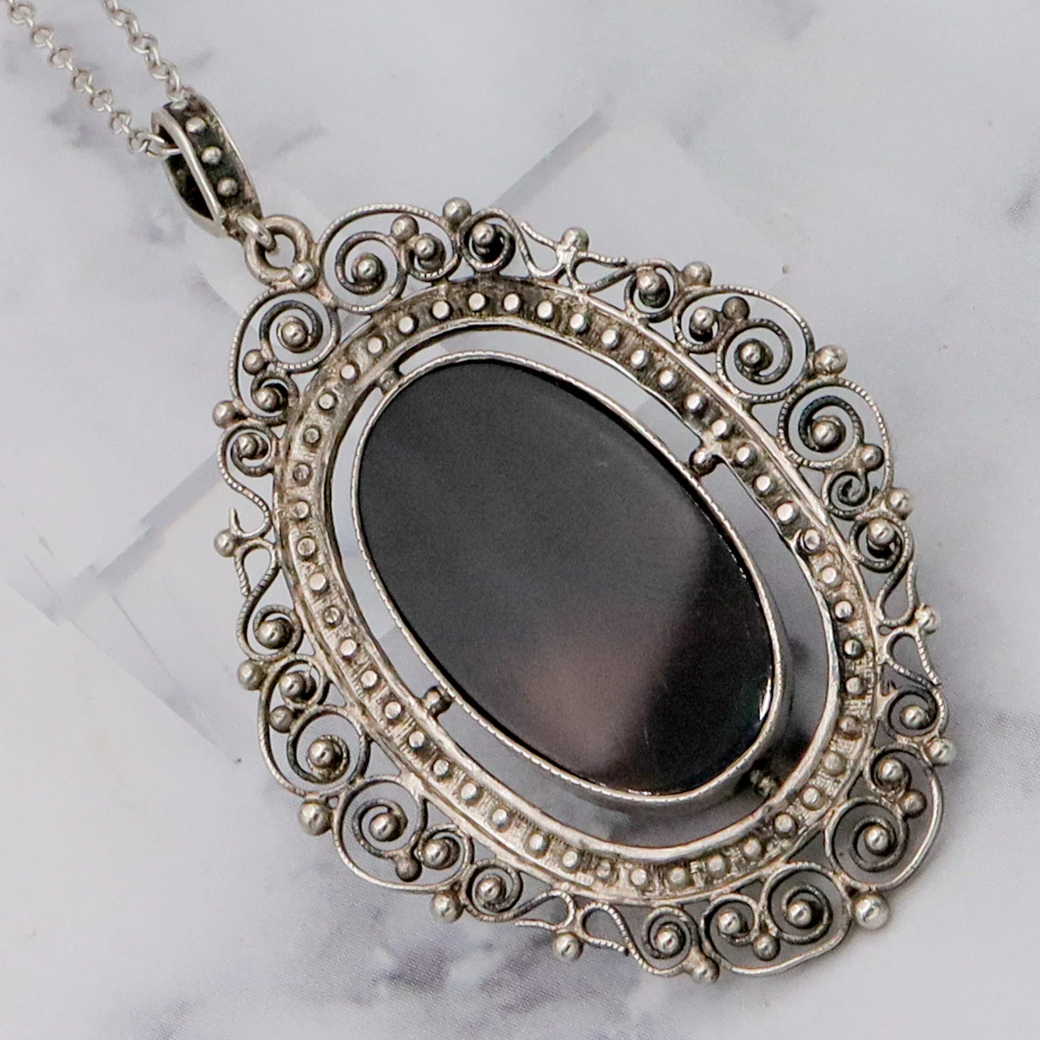 Antique Victorian fine silver filigree & faux tortoiseshell pendant on a 19” curb link necklace chain