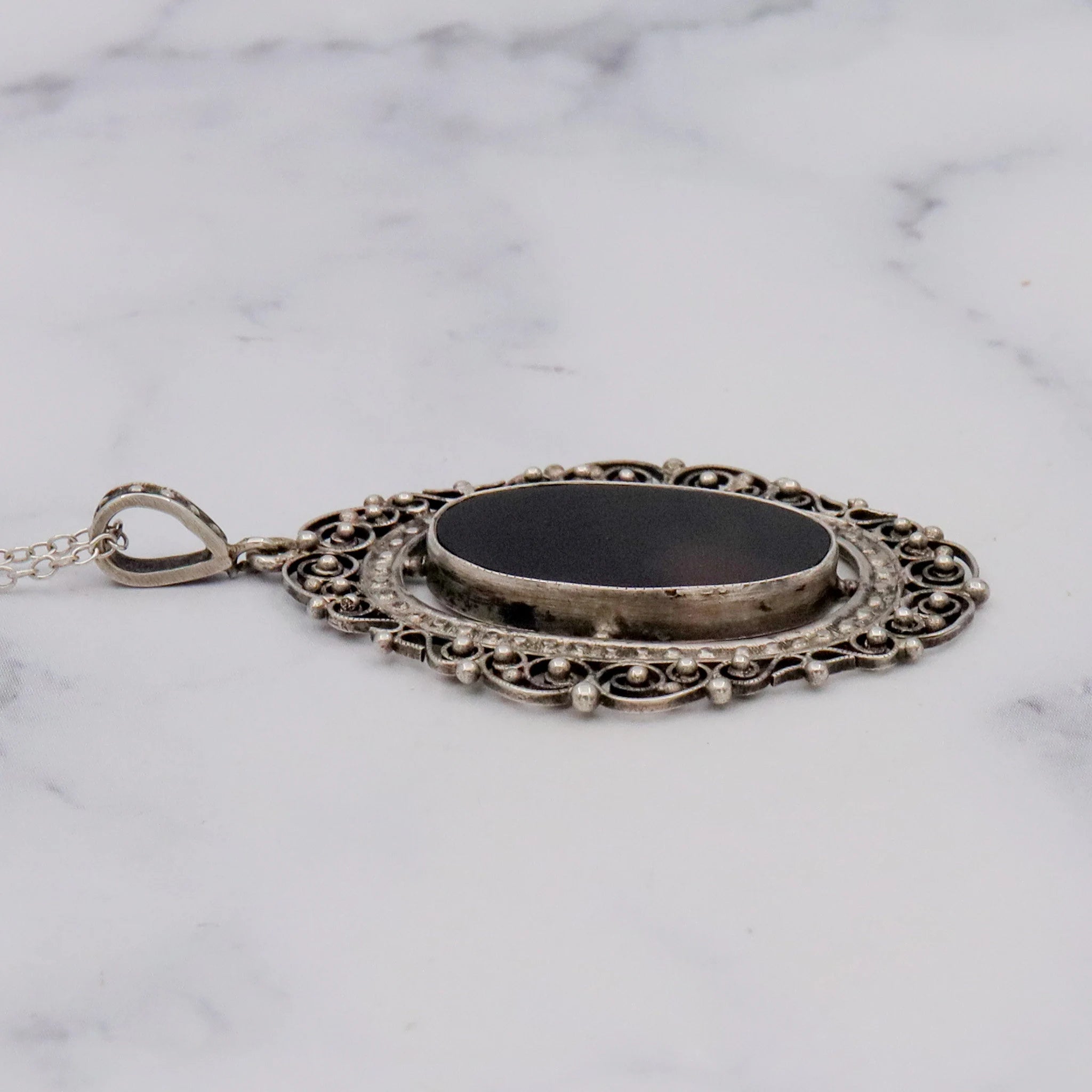 Antique Victorian fine silver filigree & faux tortoiseshell pendant on a 19” curb link necklace chain