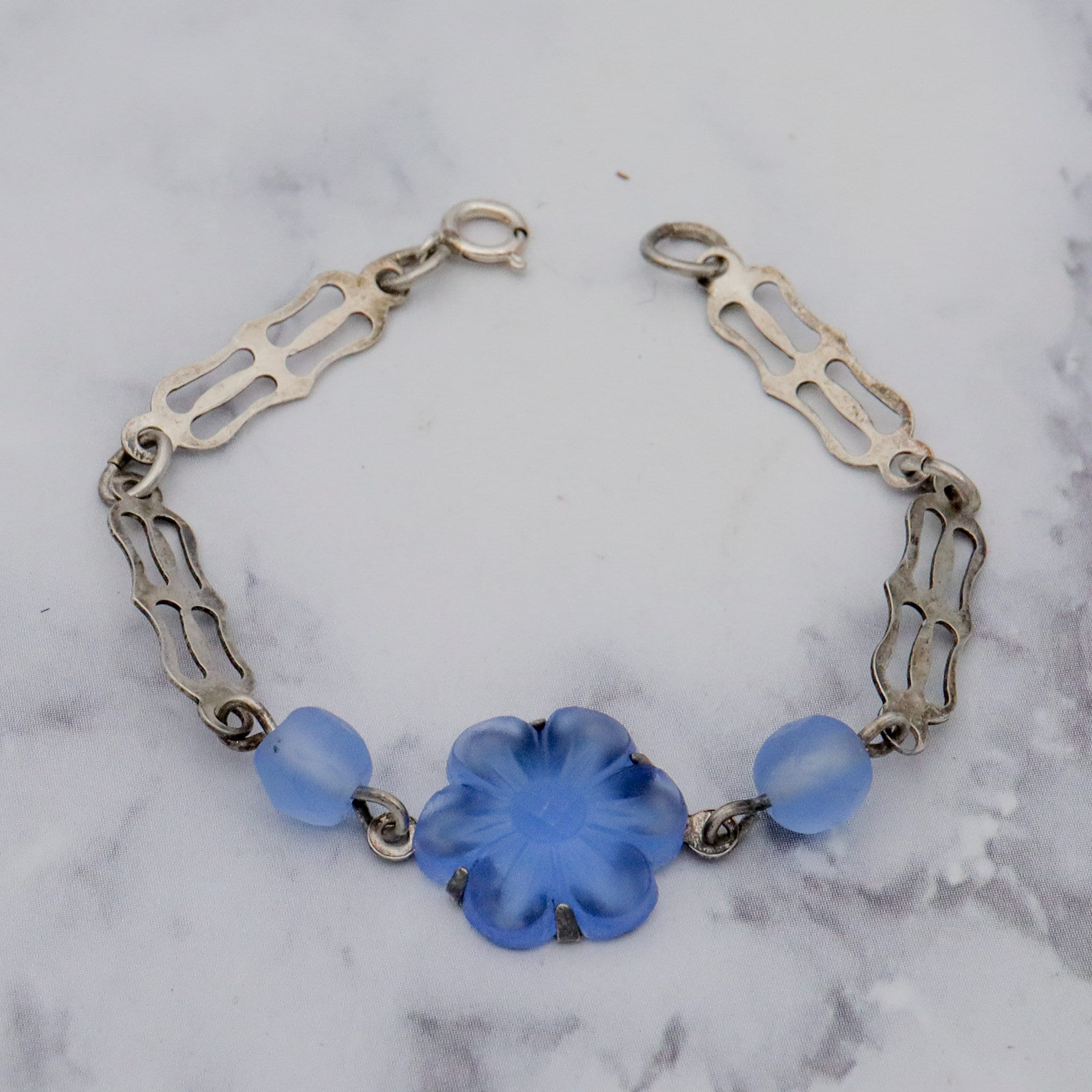 Antique Art Deco sterling silver & frosted molded glass child’s necklace and bracelet set