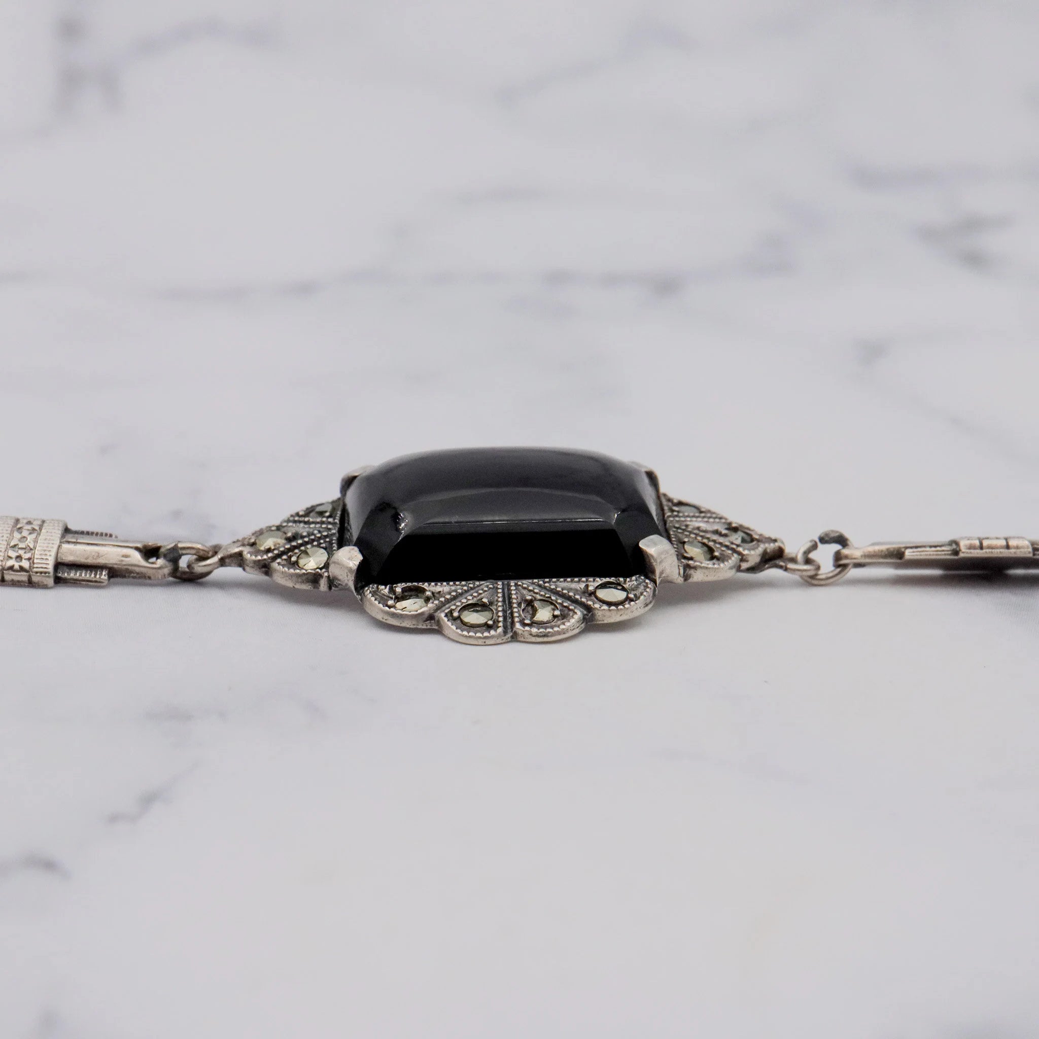 Antique Art Deco sterling, onyx & marcasite bracelet