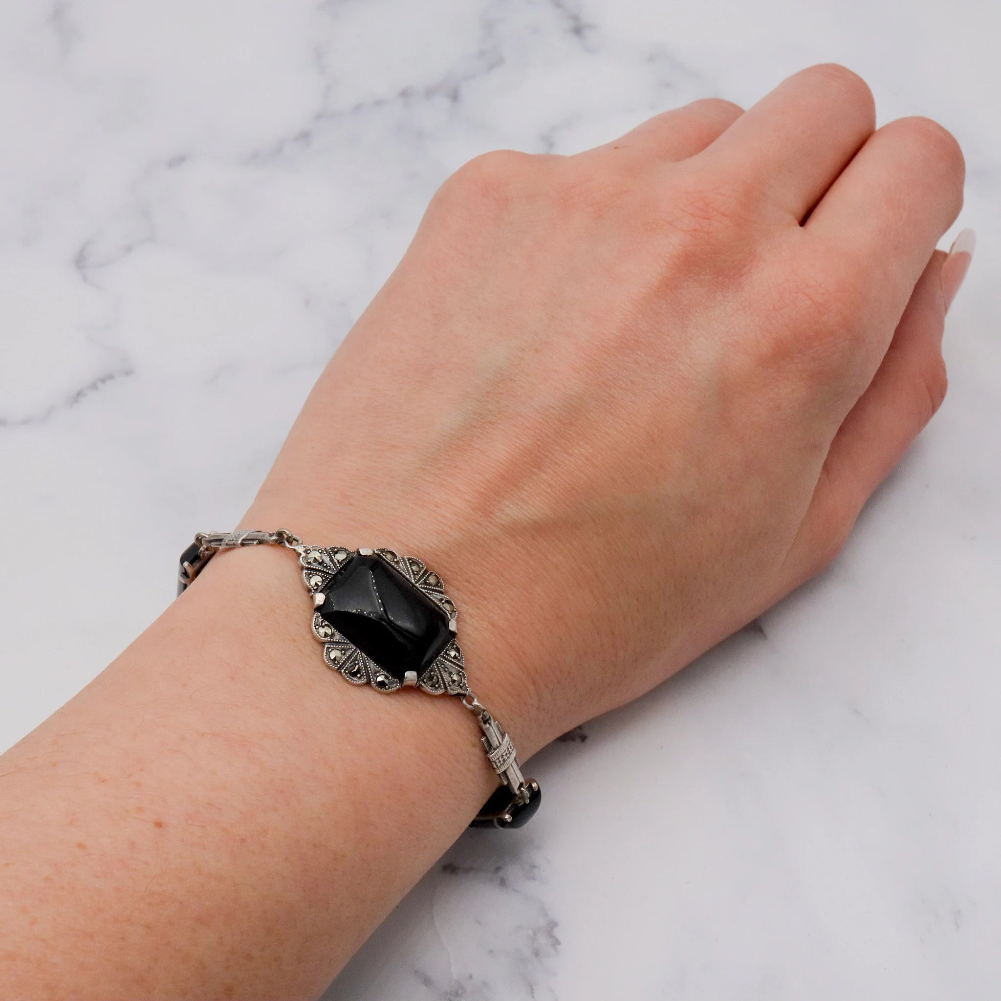 Antique Art Deco sterling, onyx & marcasite bracelet