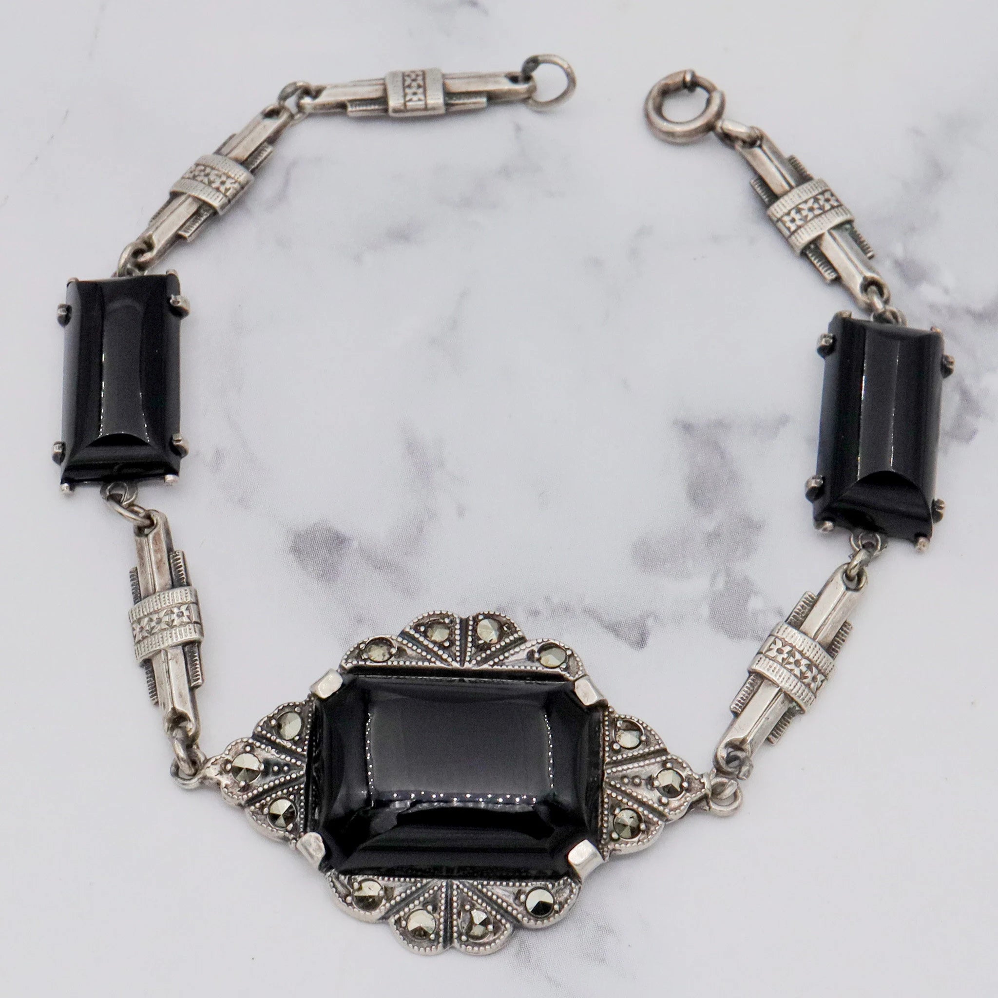 Antique Art Deco sterling, onyx & marcasite bracelet