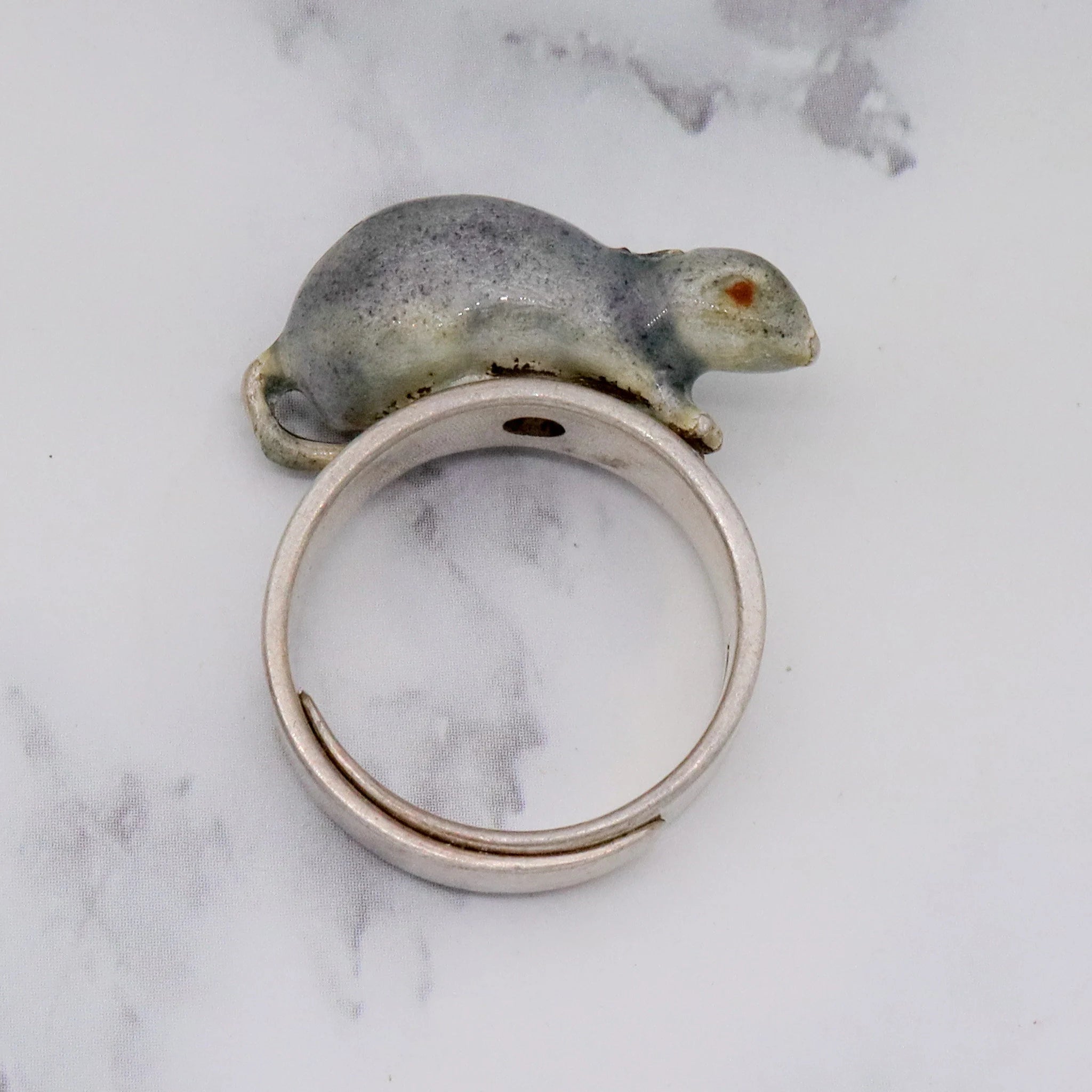 Antique Chinese sterling handmade enameled figural rat ring, adj. sz 8