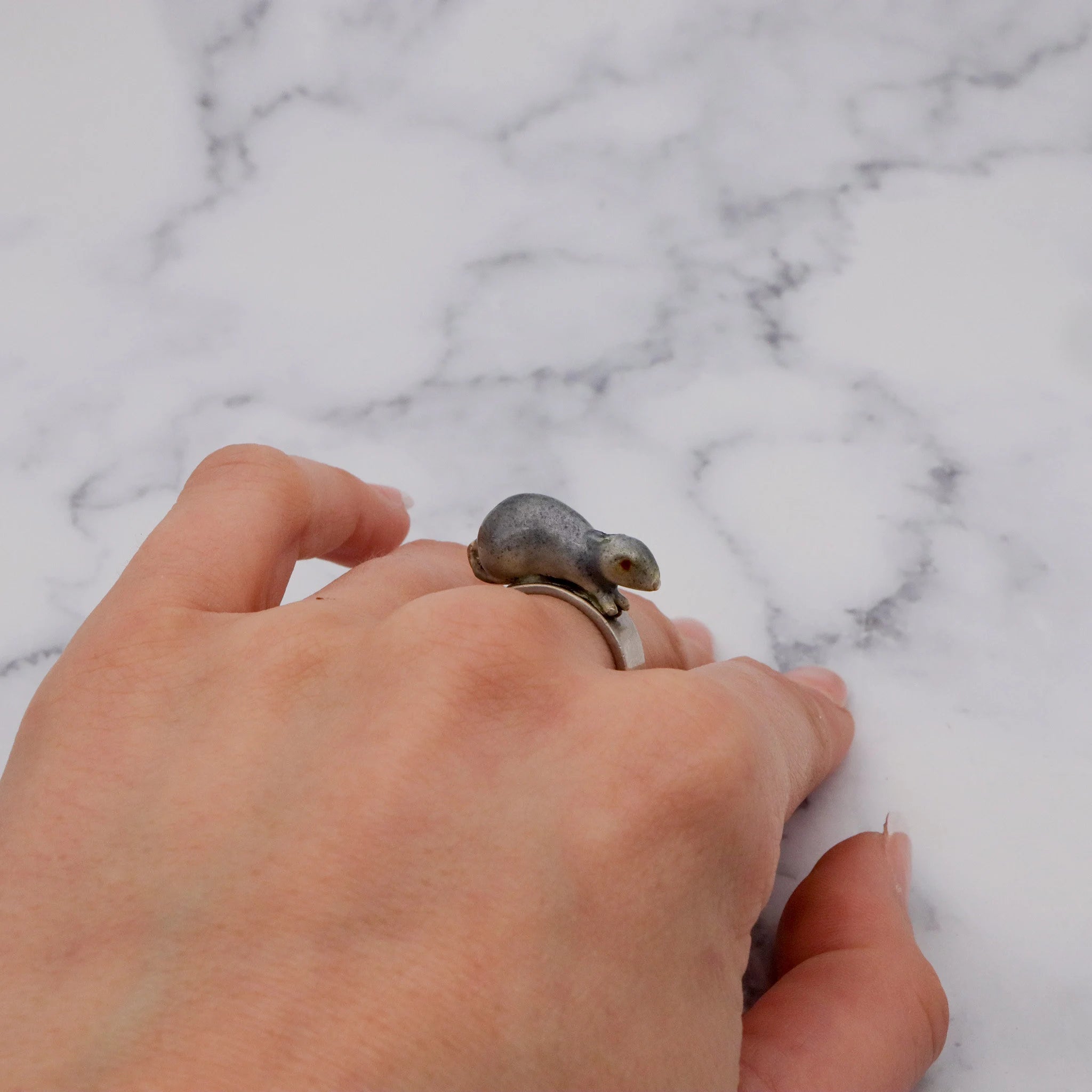 Antique Chinese sterling handmade enameled figural rat ring, adj. sz 8