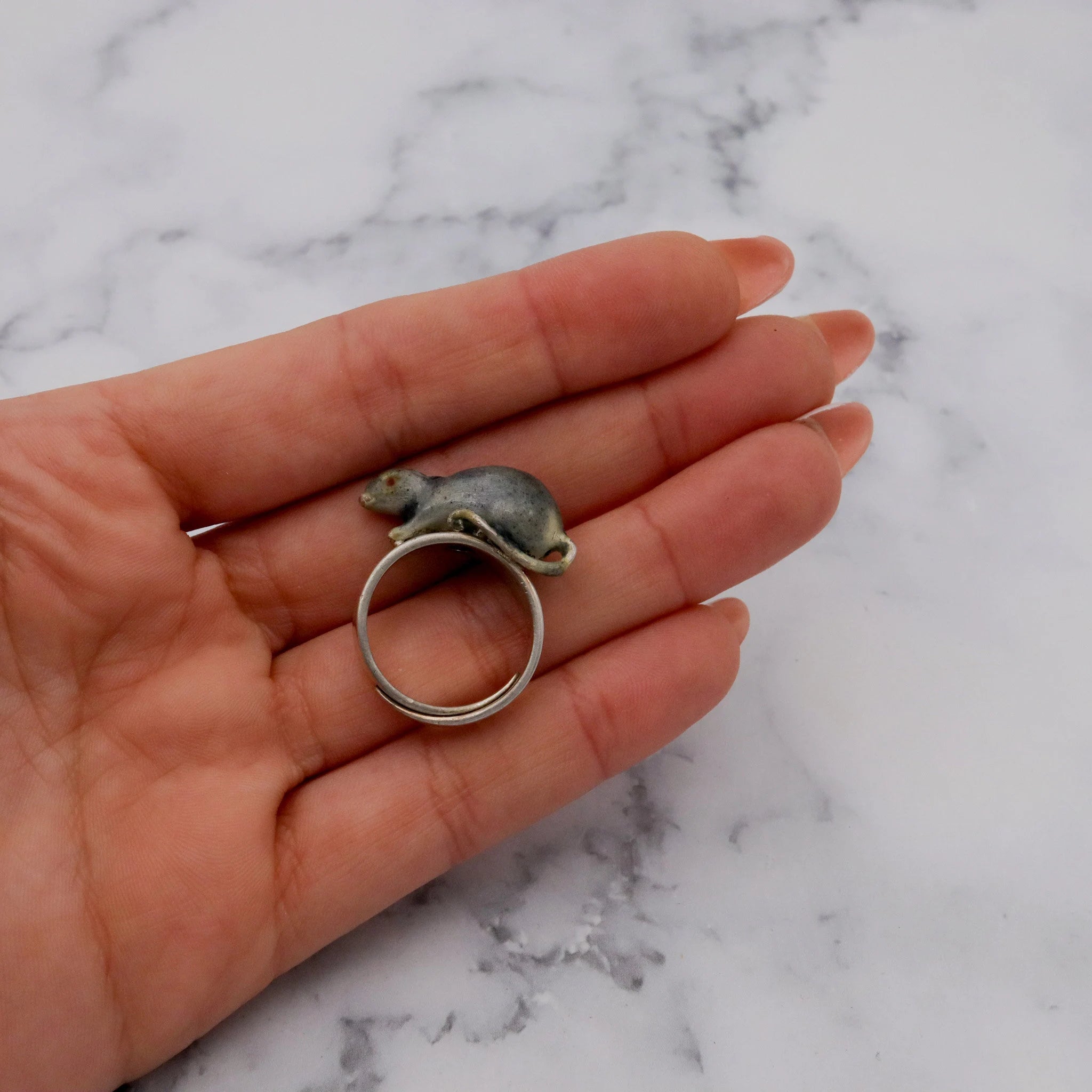 Antique Chinese sterling handmade enameled figural rat ring, adj. sz 8