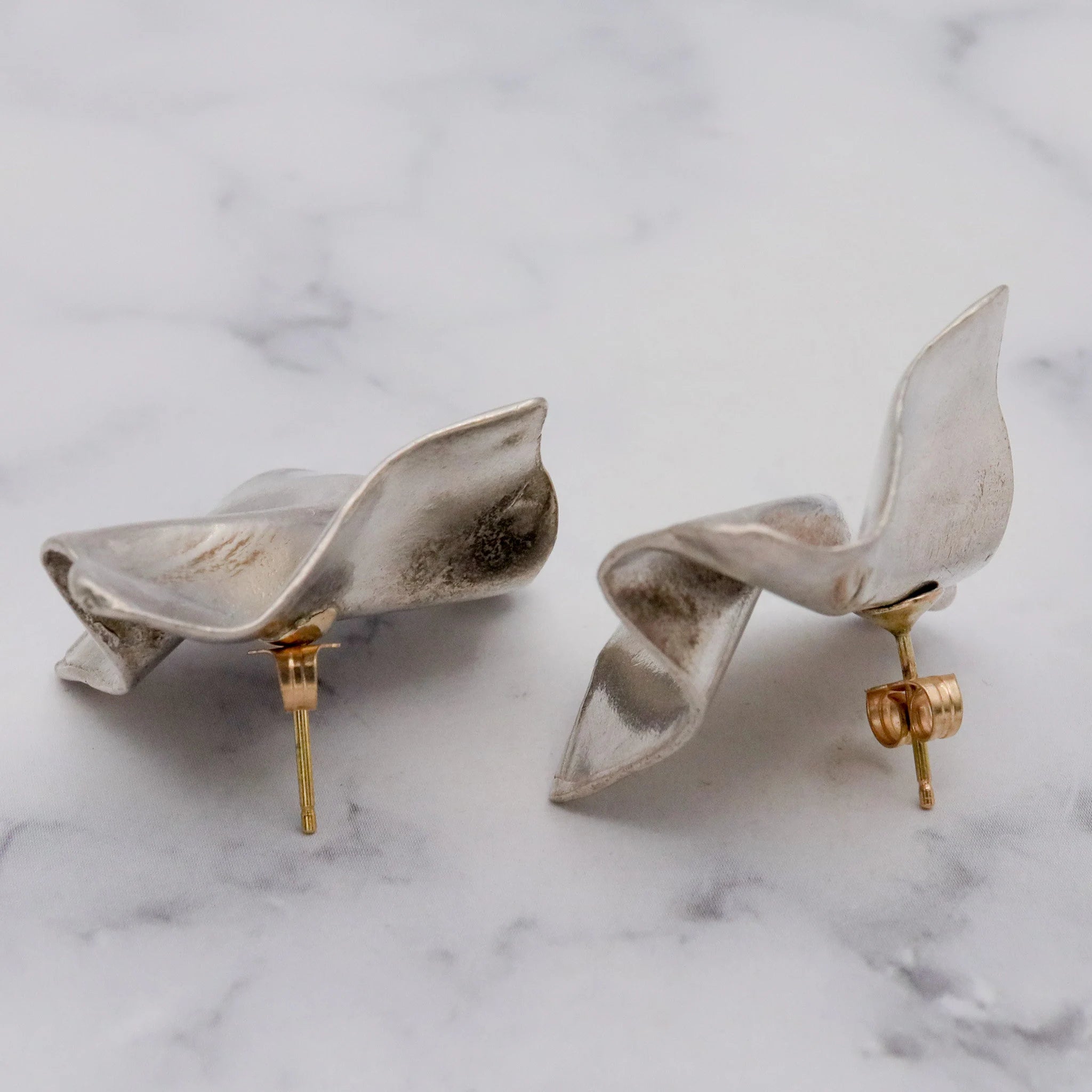 Vintage Modernist handmade sterling trompe l'oeil earrings with 14k gold posts