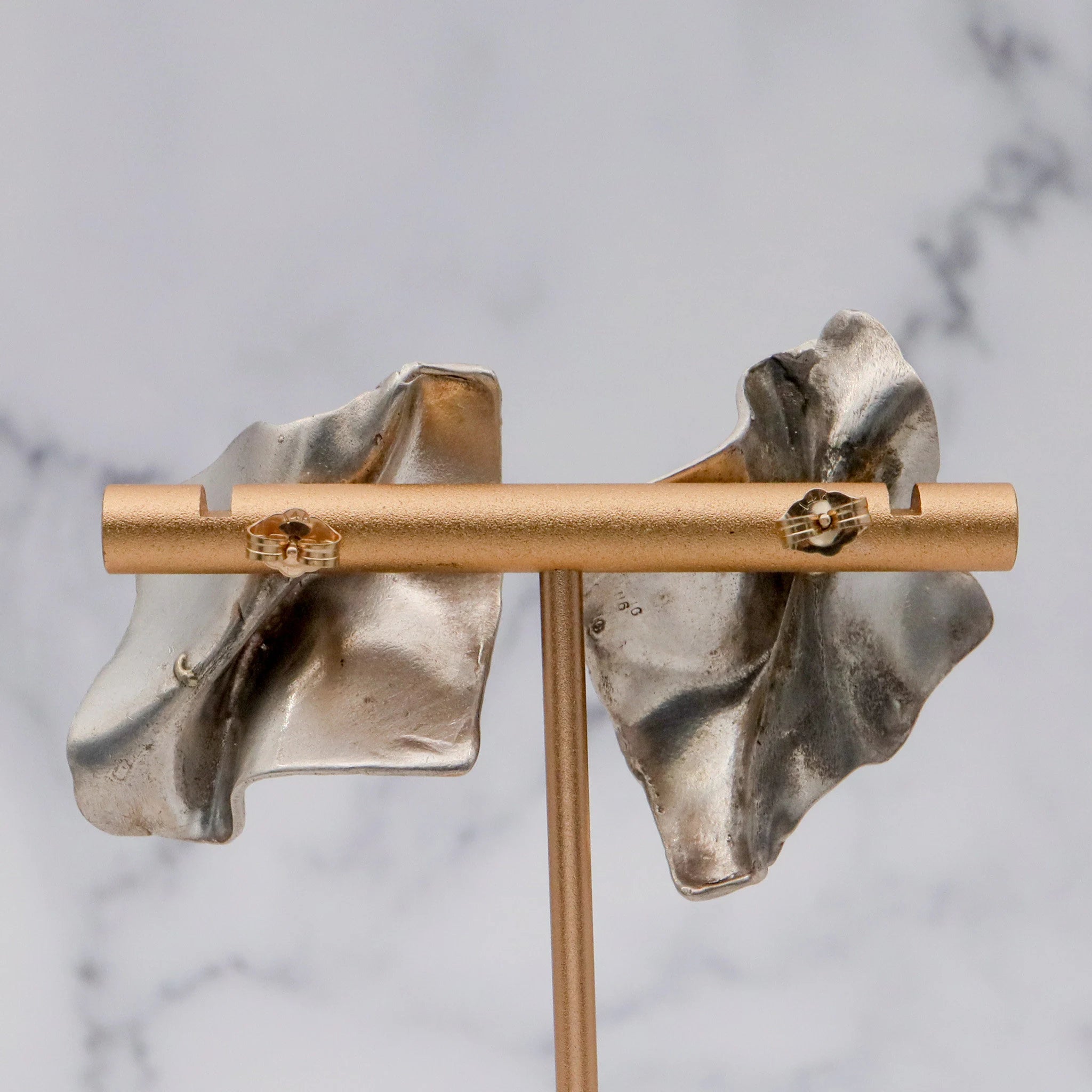 Vintage Modernist handmade sterling trompe l'oeil earrings with 14k gold posts