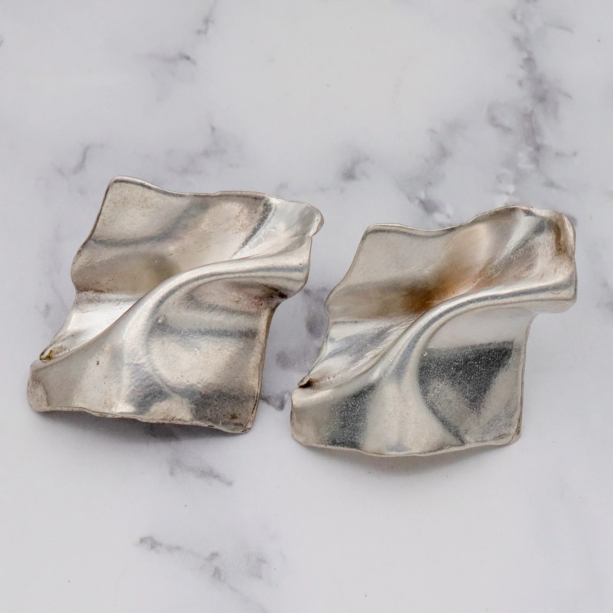 Vintage Modernist handmade sterling trompe l'oeil earrings with 14k gold posts