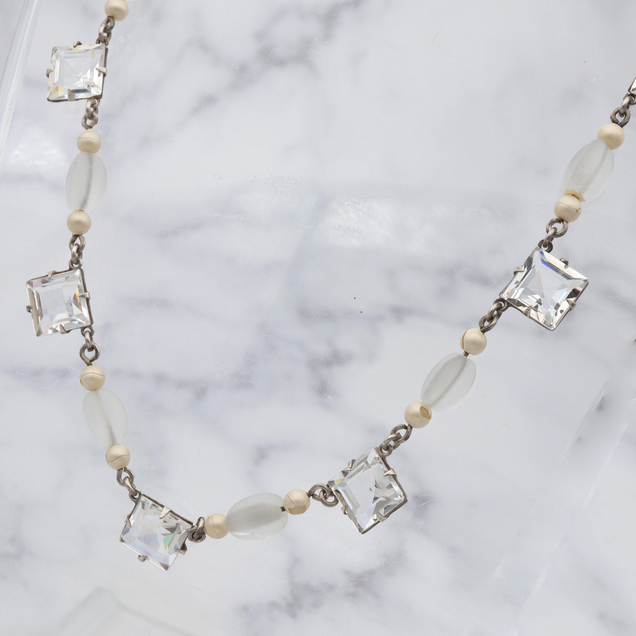 Antique Art Deco square cut crystal & frosted glass choker necklace