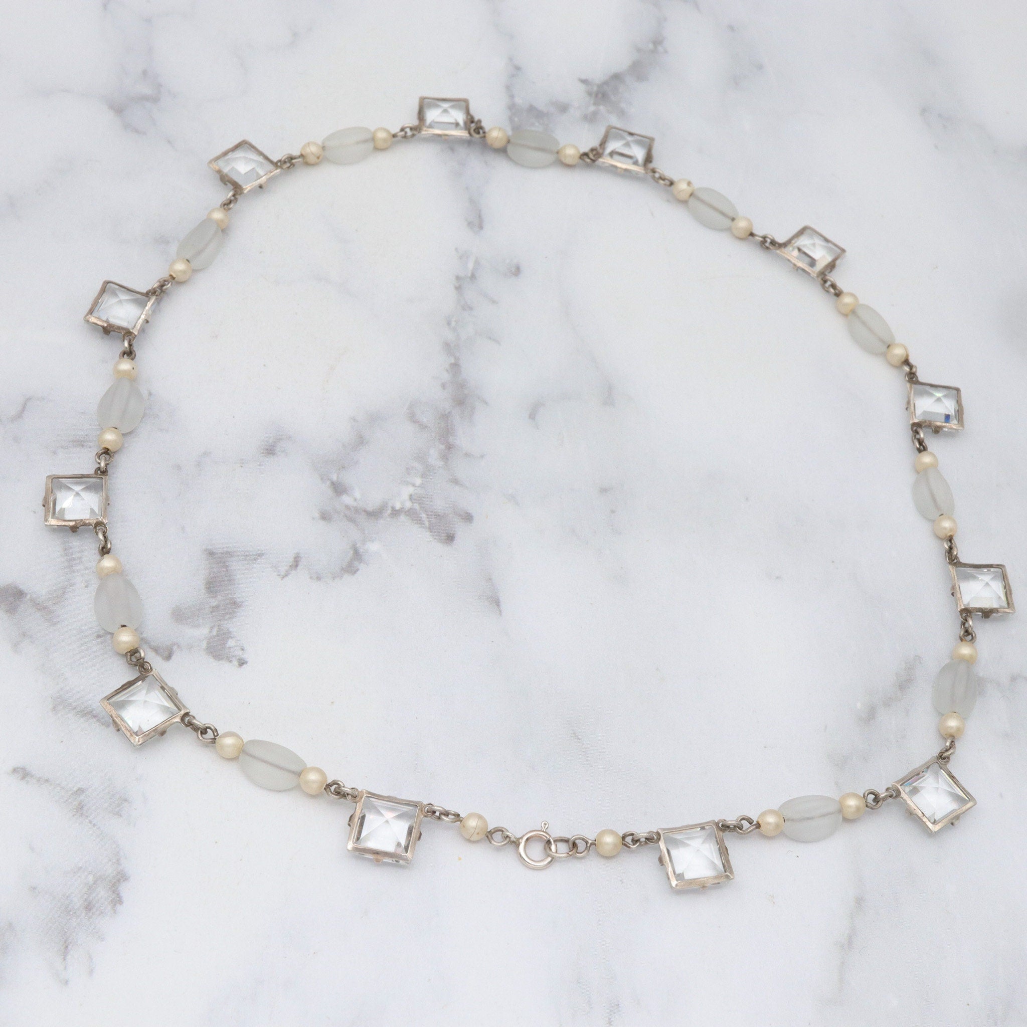 Antique Art Deco square cut crystal & frosted glass choker necklace
