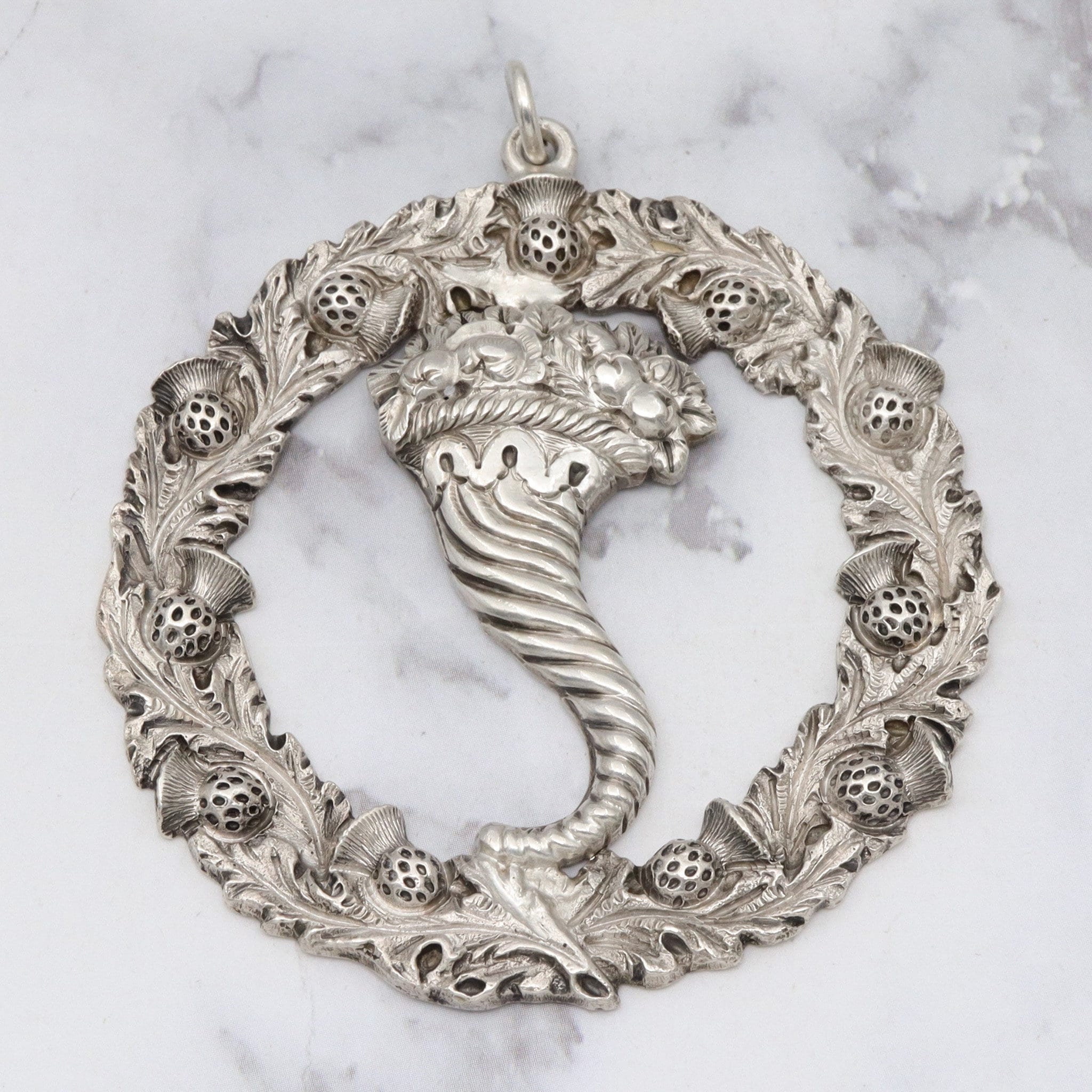 1895 Glasgow, Scotland large sterling thistle & Cornucopia pendant
