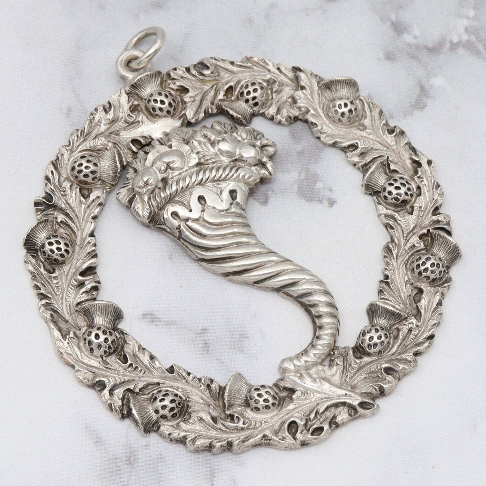 1895 Glasgow, Scotland large sterling thistle & Cornucopia pendant
