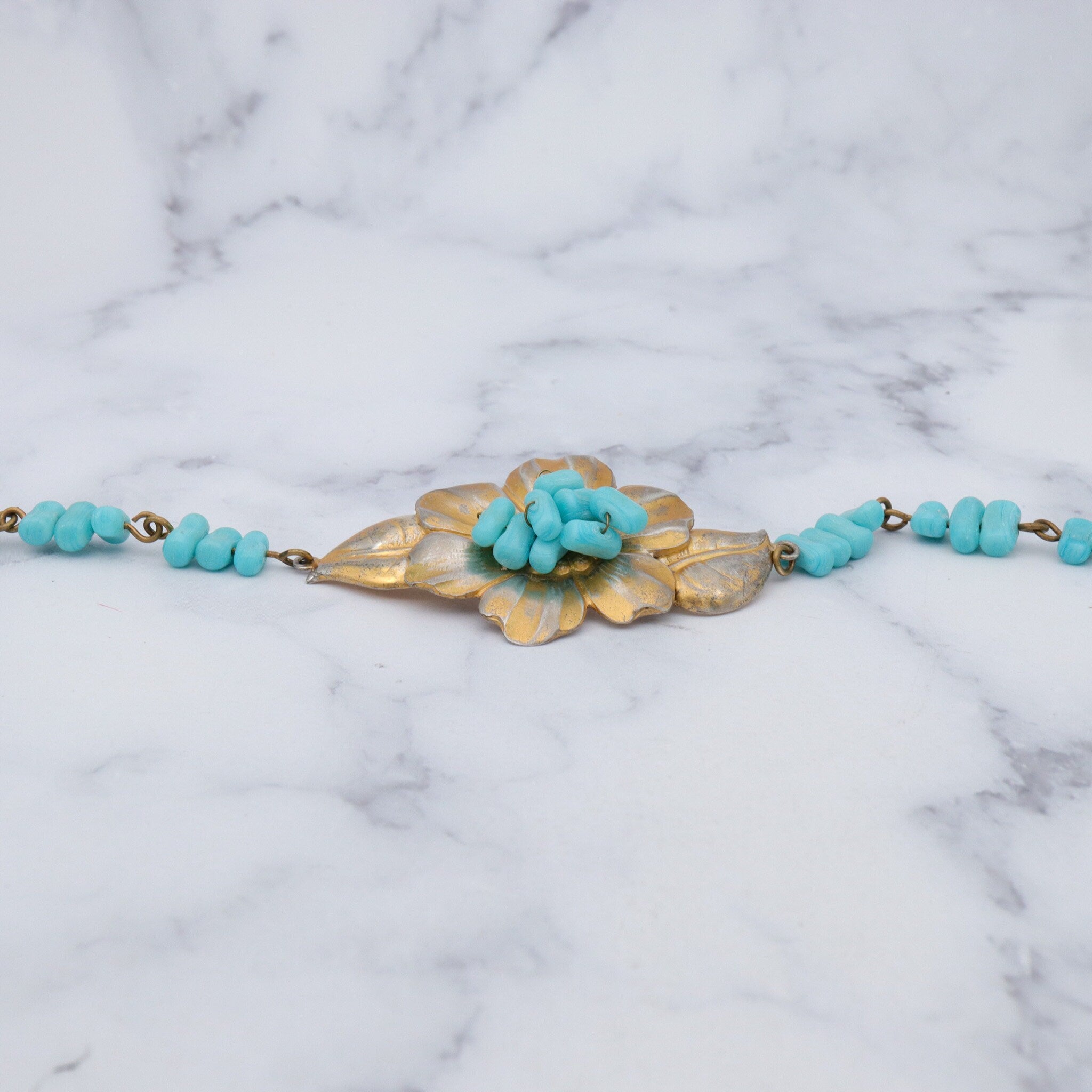 Antique rare J.A. Deknatel & Son Inc. gold washed sterling silver and faux turquoise beaded bracelet