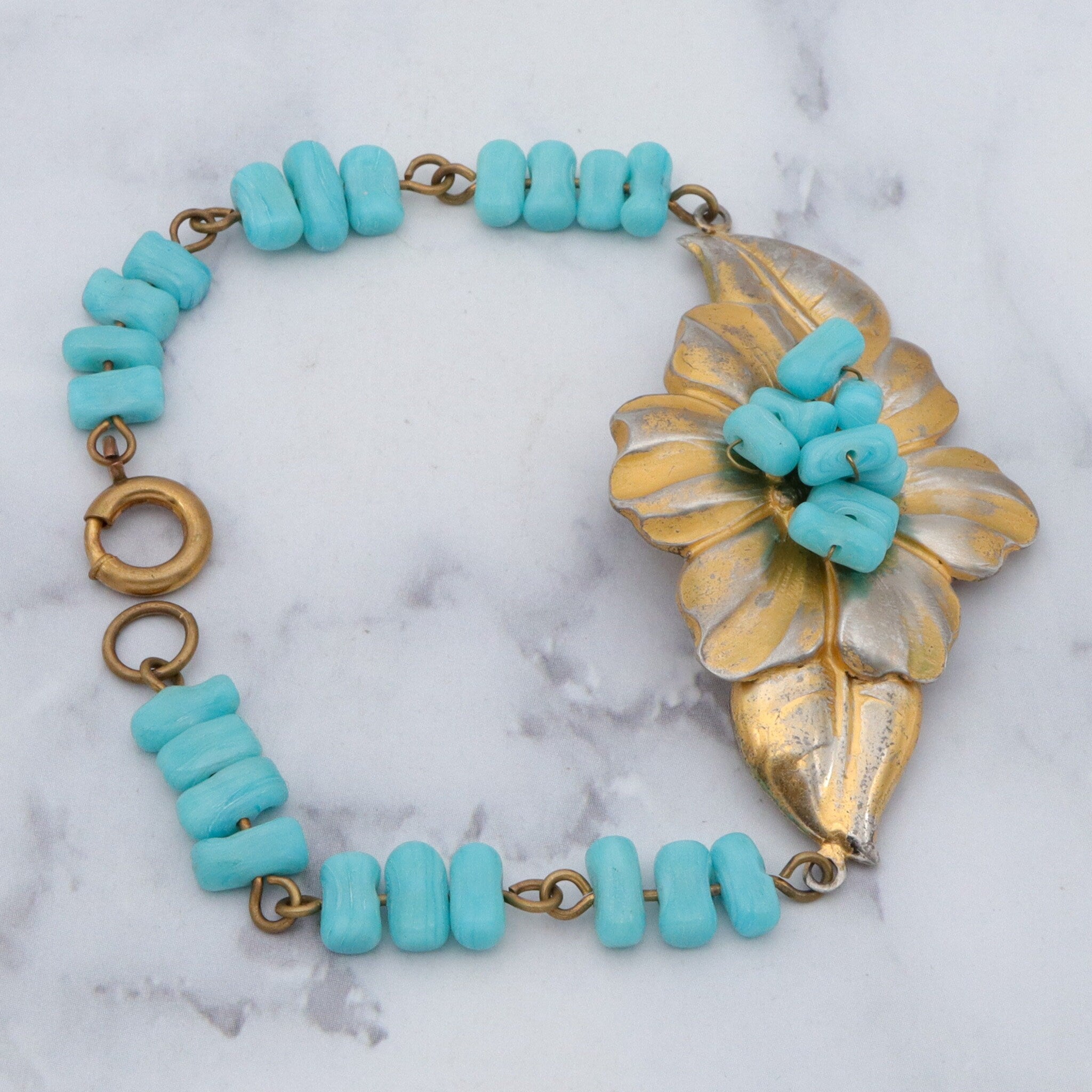 Antique rare J.A. Deknatel & Son Inc. gold washed sterling silver and faux turquoise beaded bracelet