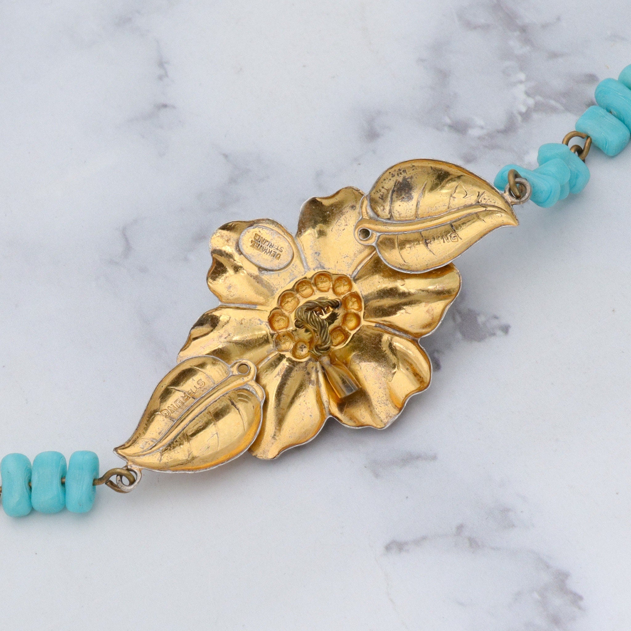 Antique rare J.A. Deknatel & Son Inc. gold washed sterling silver and faux turquoise beaded bracelet