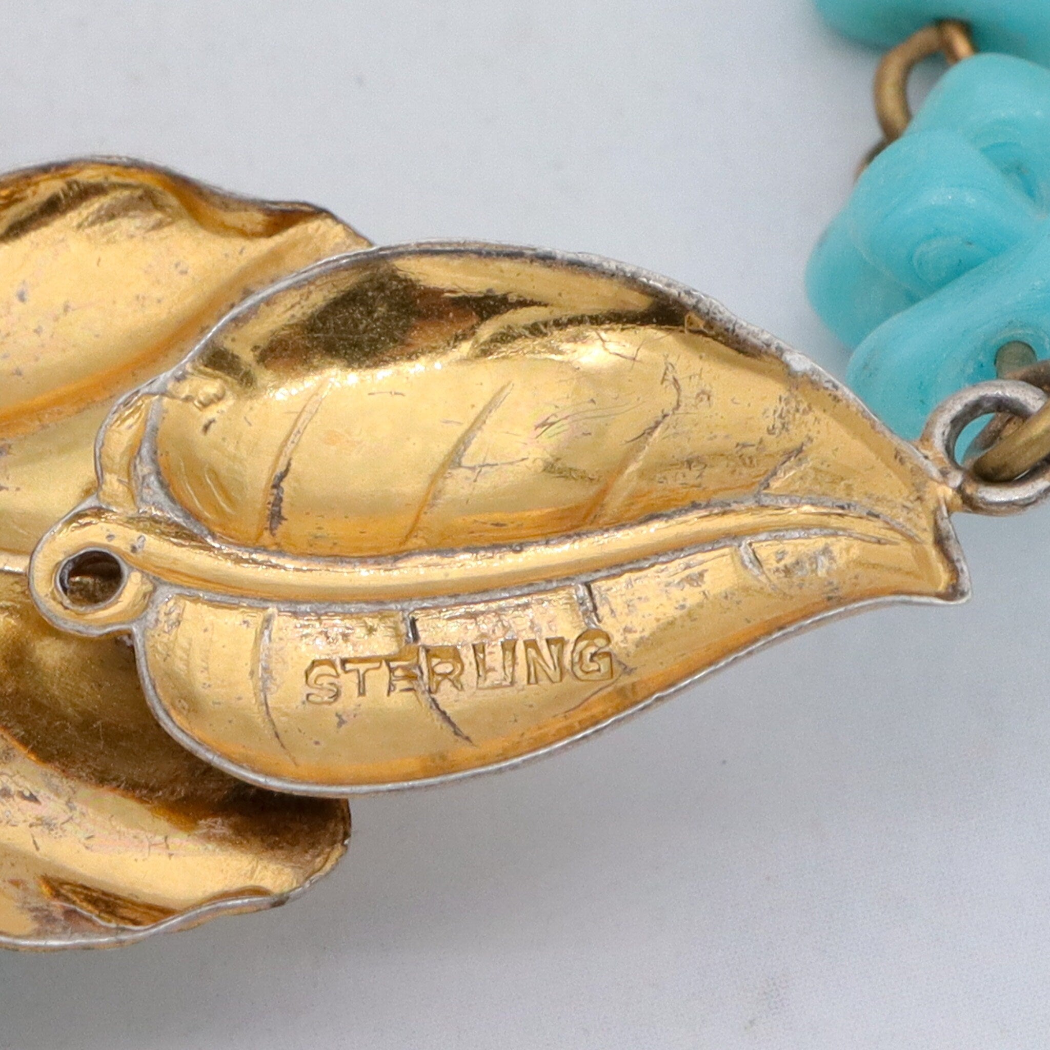 Antique rare J.A. Deknatel & Son Inc. gold washed sterling silver and faux turquoise beaded bracelet