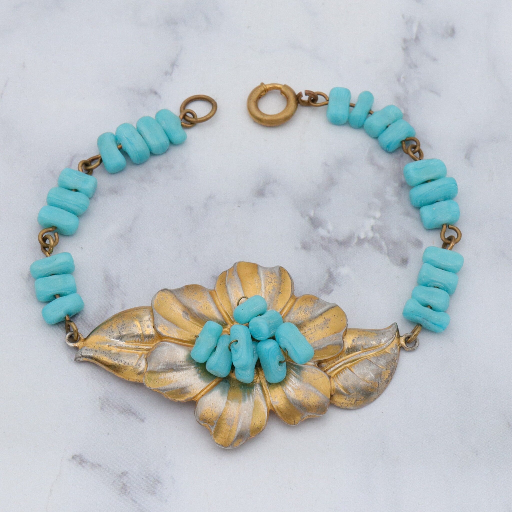 Antique rare J.A. Deknatel & Son Inc. gold washed sterling silver and faux turquoise beaded bracelet