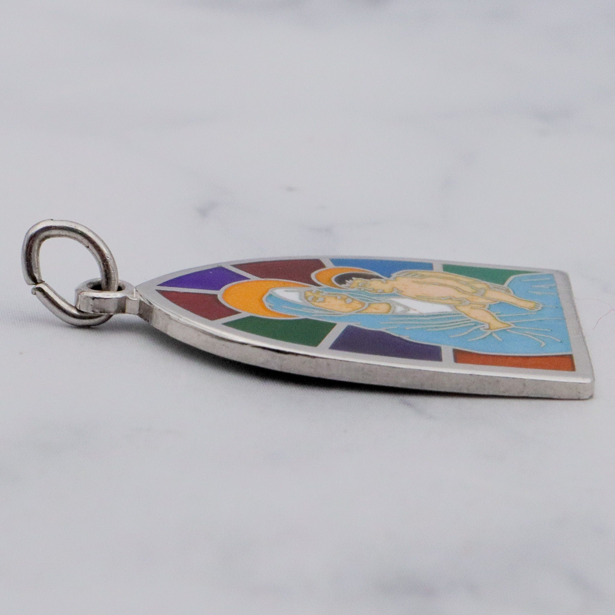 Vintage sterling and enamel Mary & Child stained glass window pendant