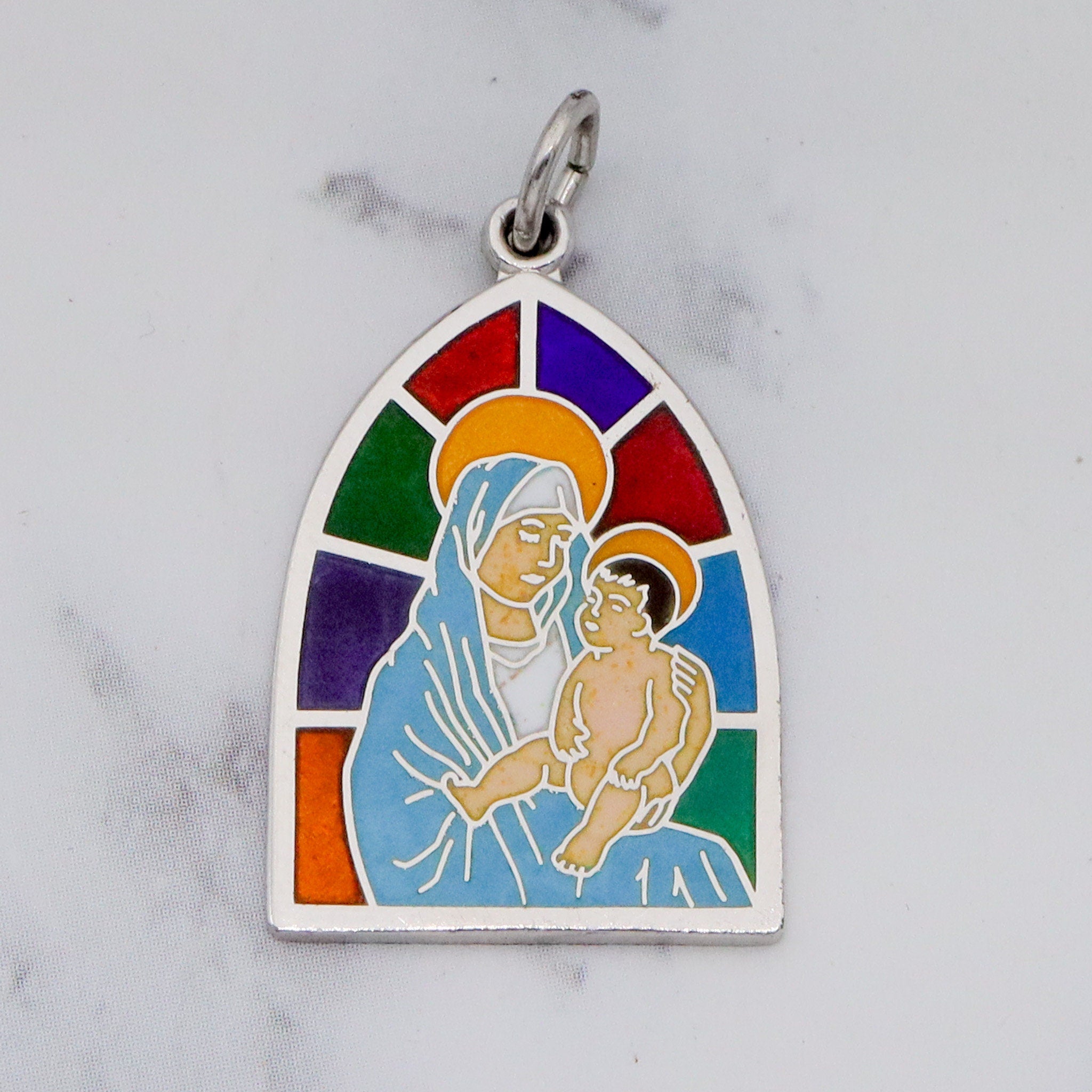 Vintage sterling and enamel Mary & Child stained glass window pendant