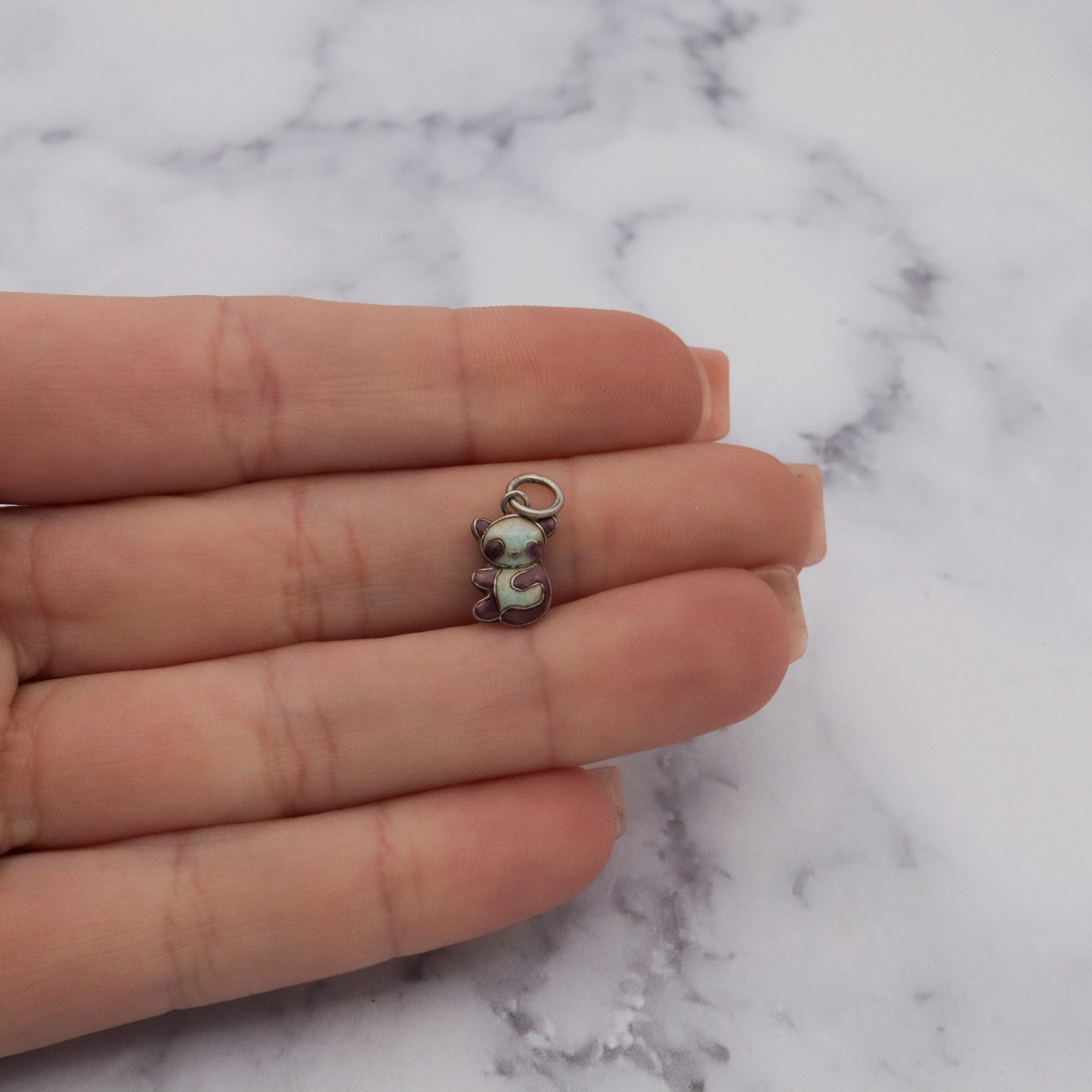 Vintage Chinese export sterling silver & cloisonne enamel double sided teddy bear charm