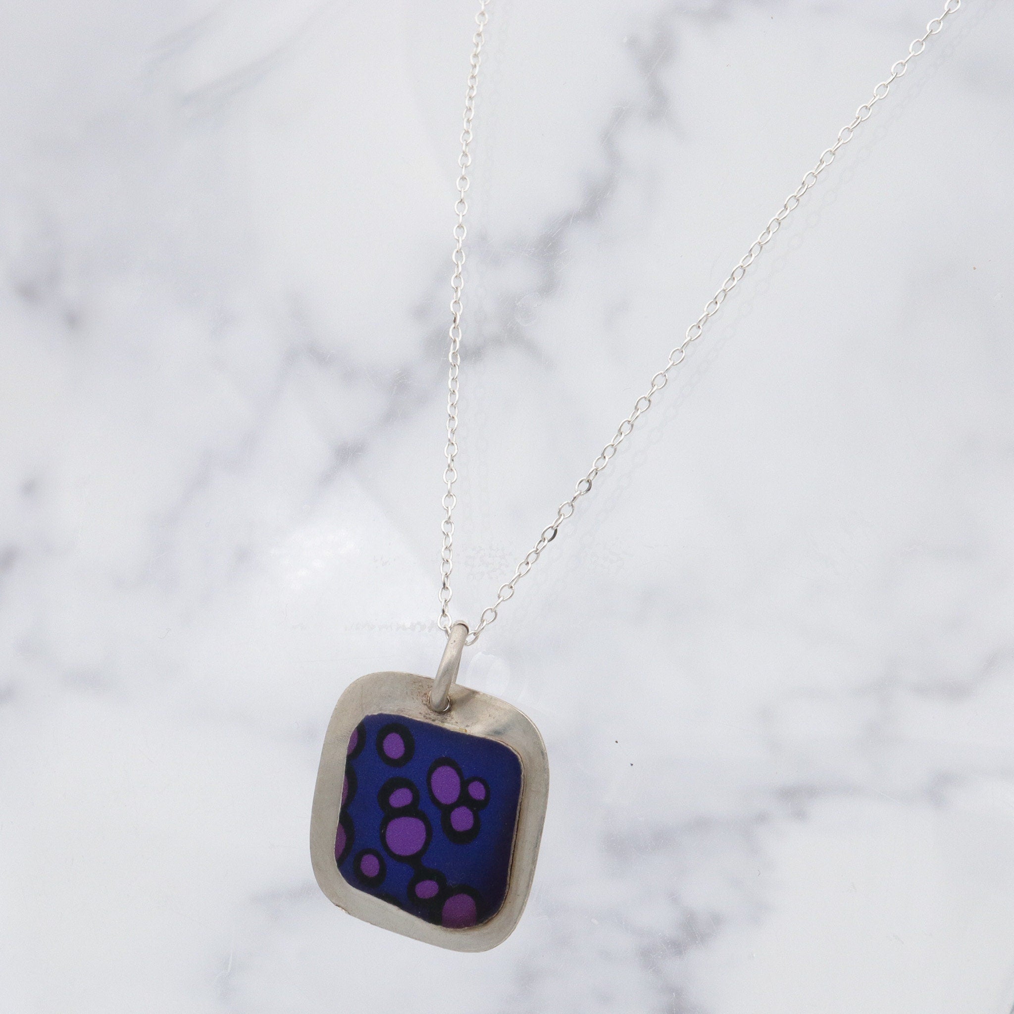 Vintage handmade 90’s sterling enamel tile pendant necklace
